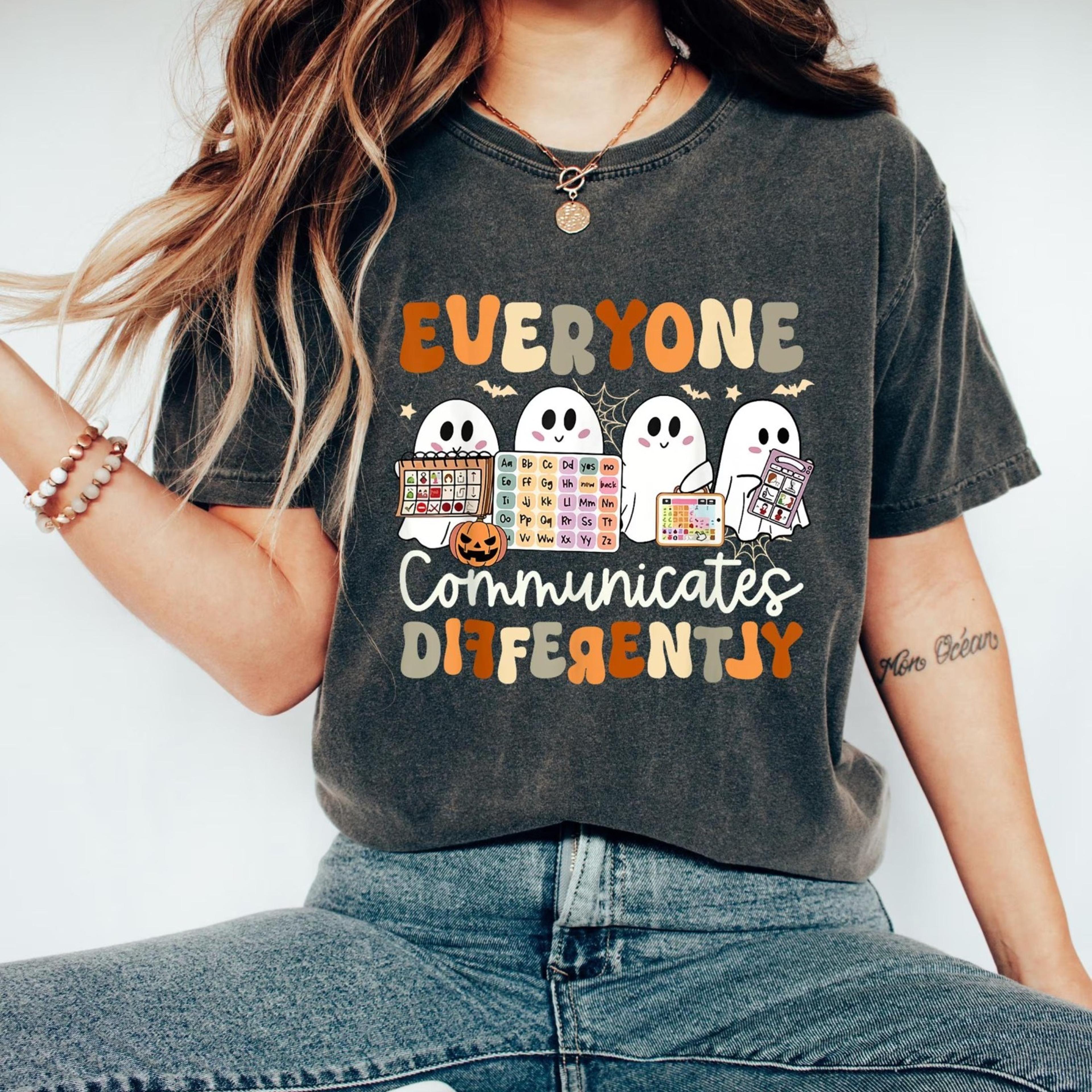 everyone communicates differently shirt, teacher halloween sweater, spooky season t shirt, autism awareness sweatshirt,