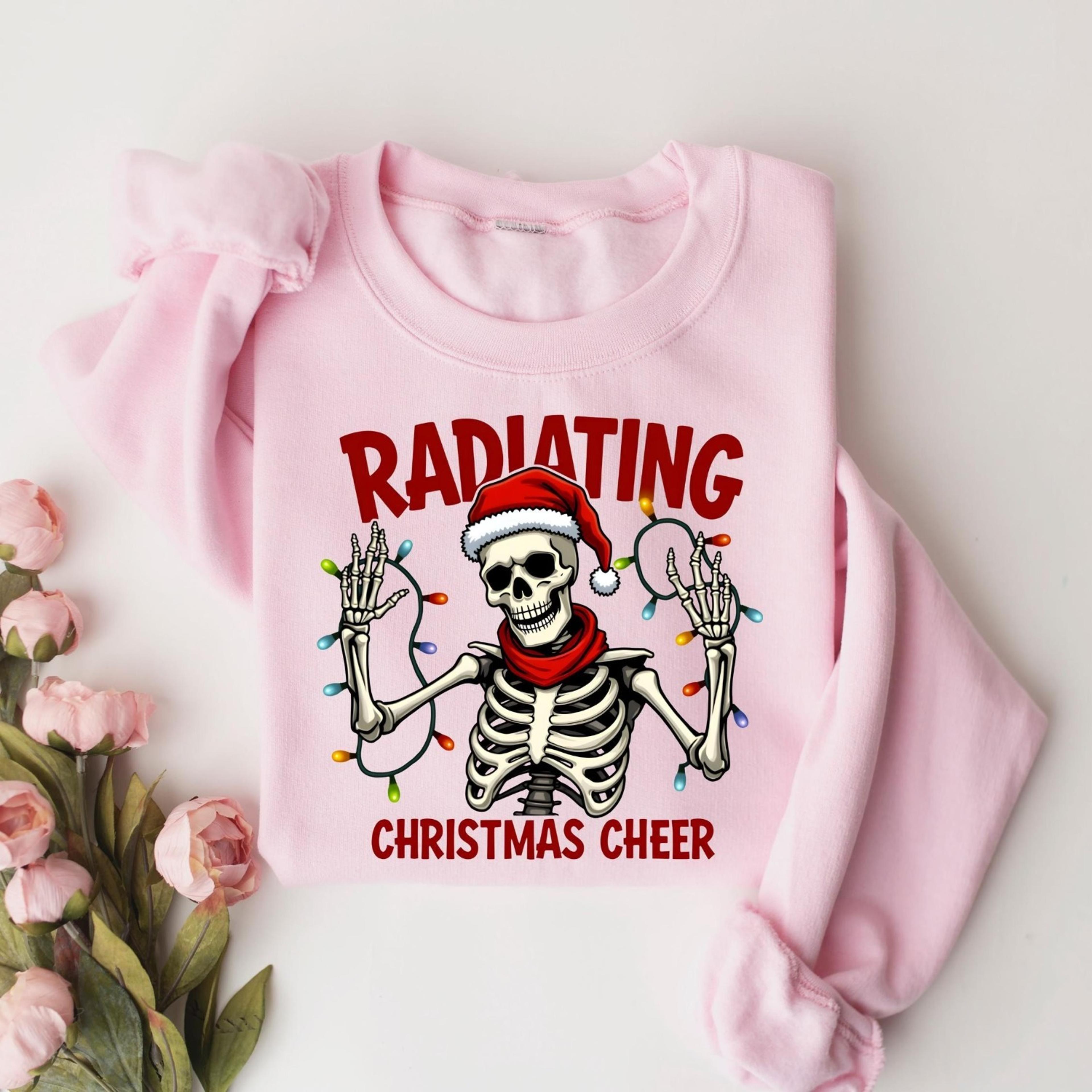 radiating christmas cheer sweatshirt, skeleton christmas light tshirt, xray technician holiday tee, tech christmas seaso