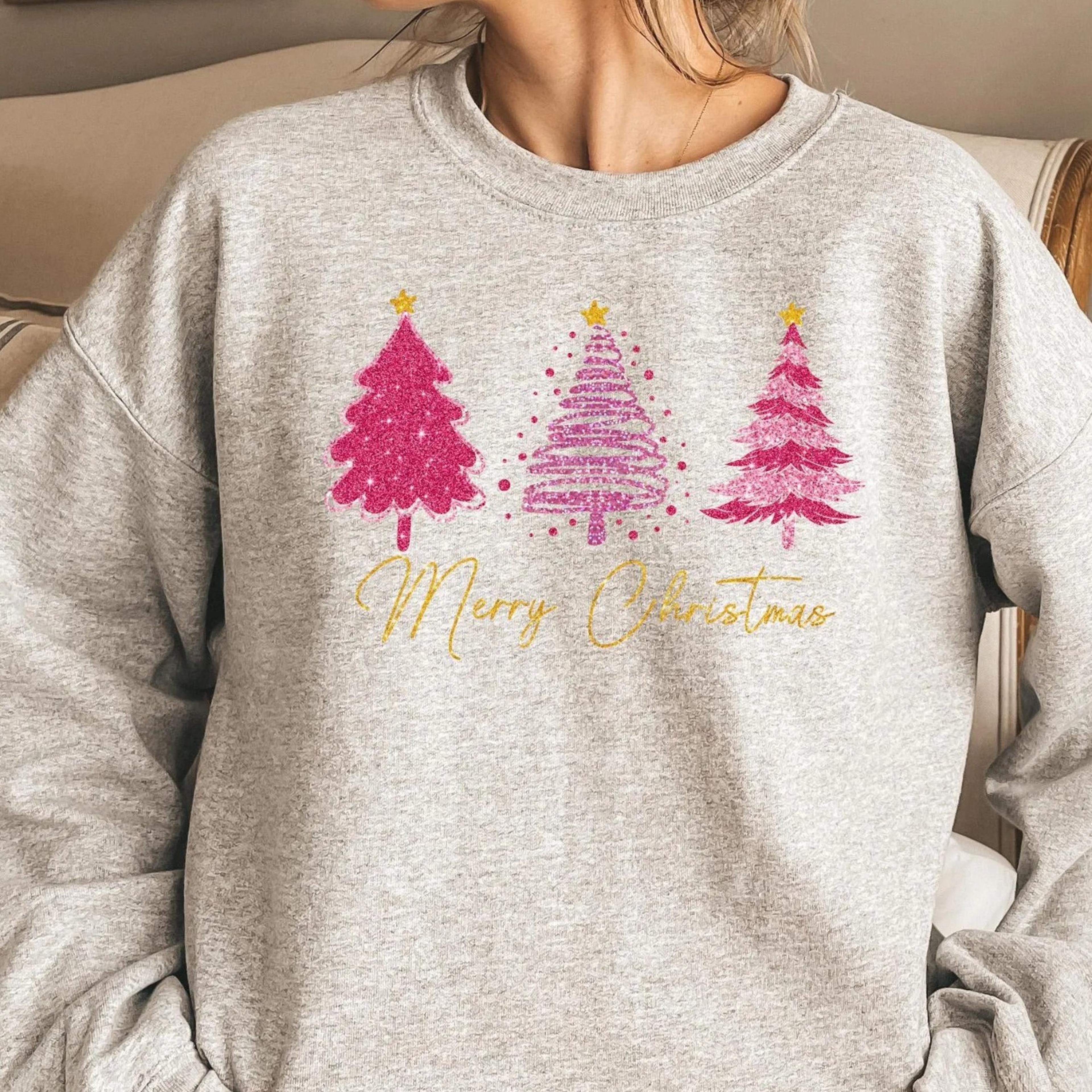 christmas trees sweatshirt, pink christmas sweater, christmas shirt, xmas holiday tshirt, family christmas shirts, women