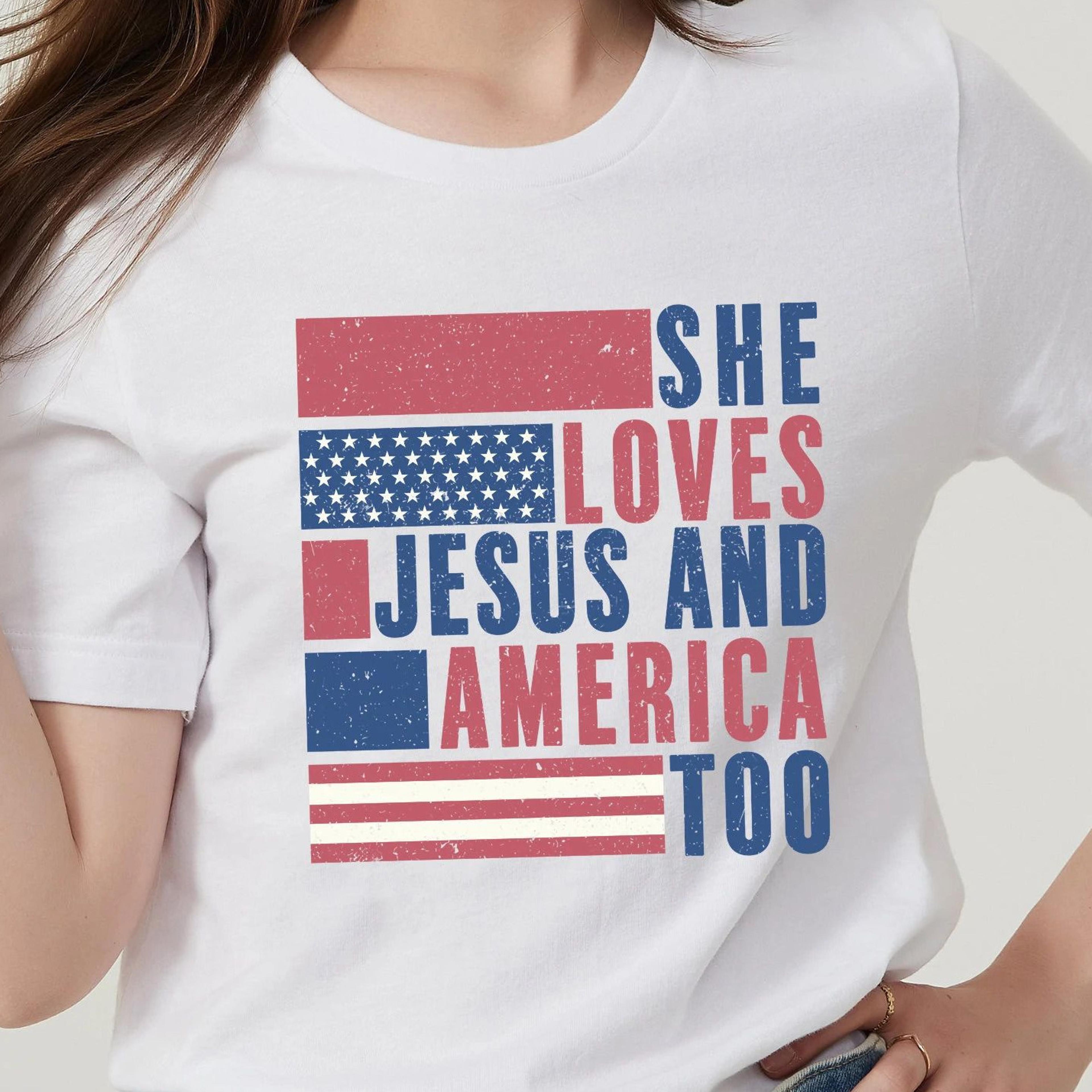 she loves jesus and america too t-shirt christian 4th of july patriotic sweatshirt