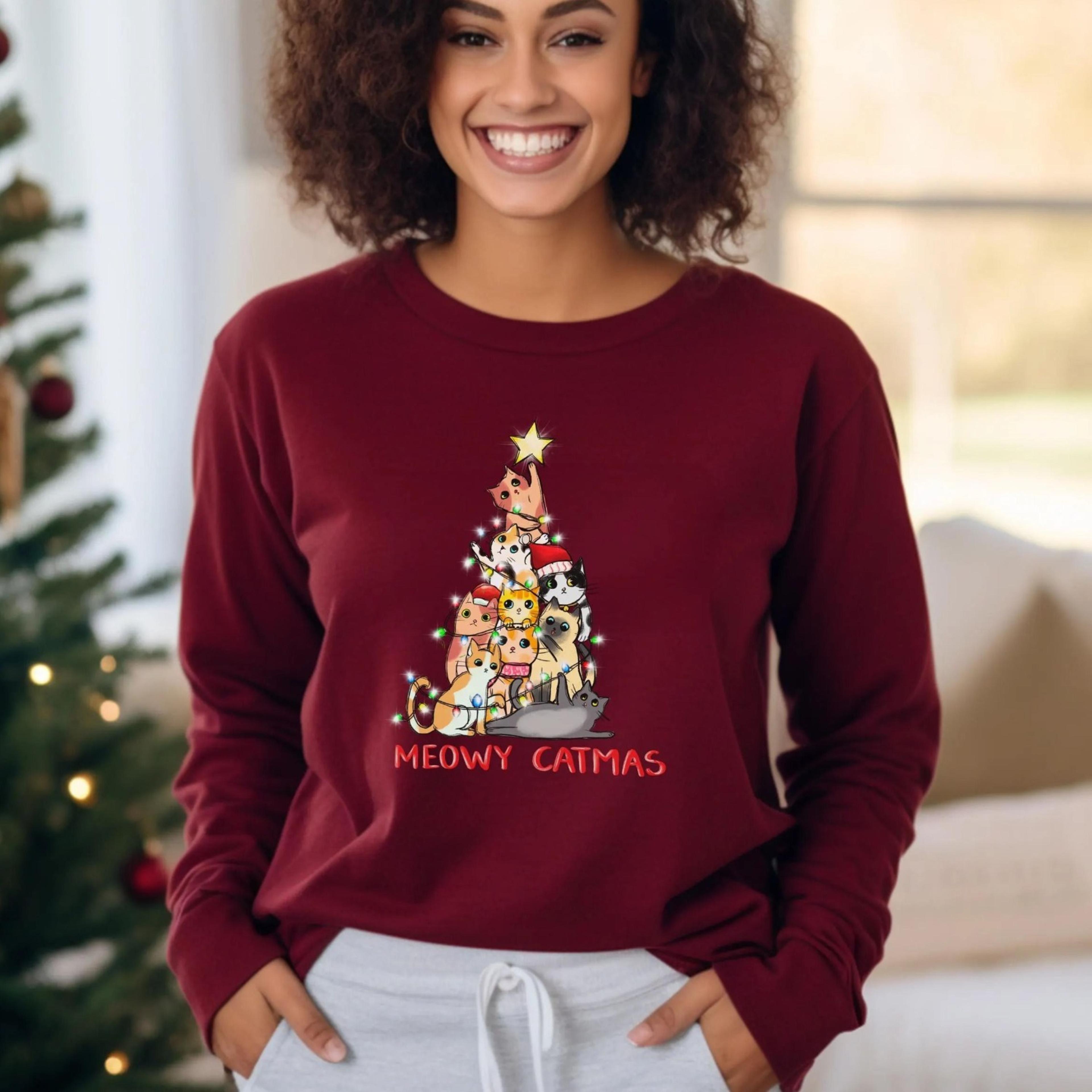 cute cat sweatshirt christmas, christmas with cats, sweater cat owner christmas nordic sweater