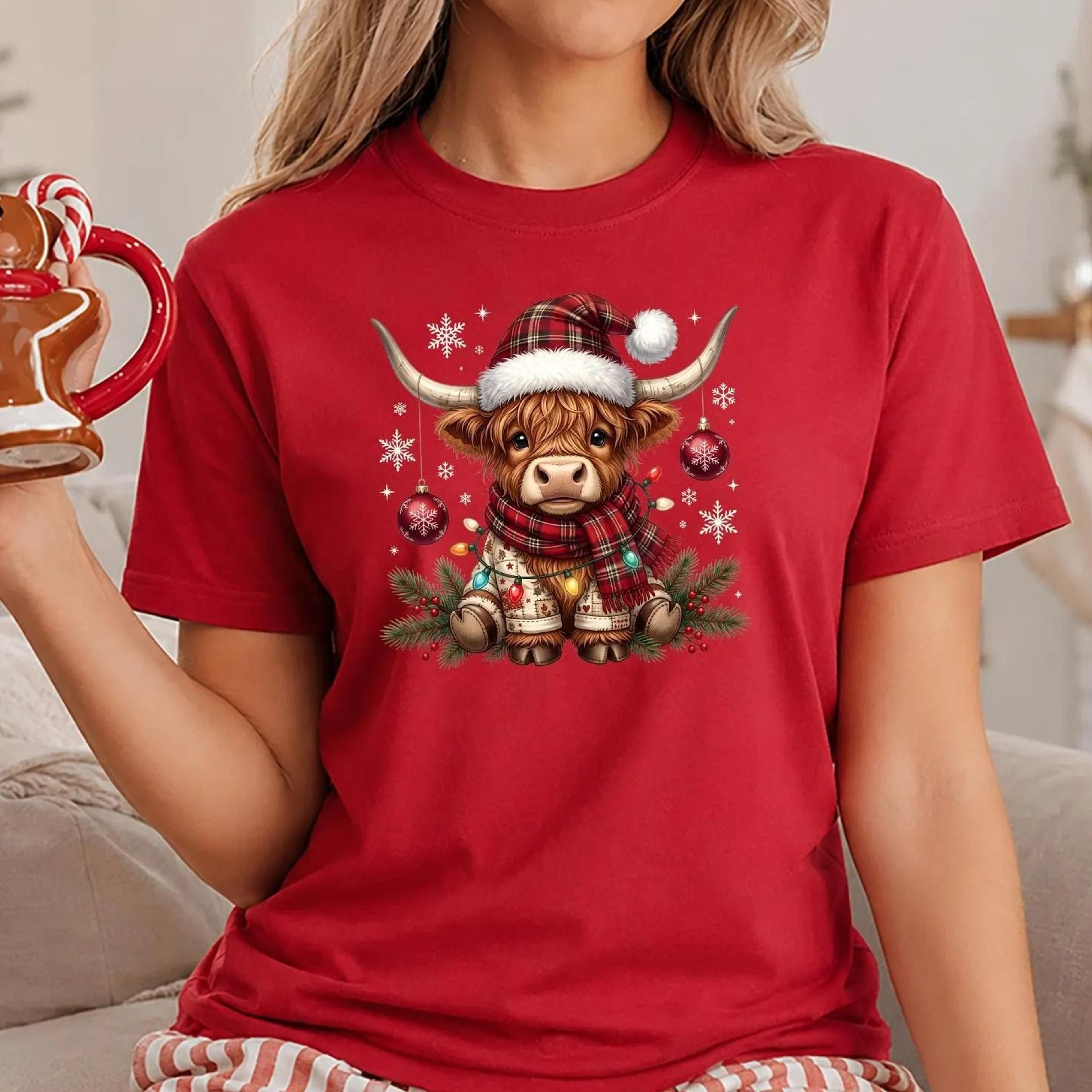highland cow christmas shirt, retro patchwork cow tees, western christmas top, crochet style holiday shirt, howdy xmas g