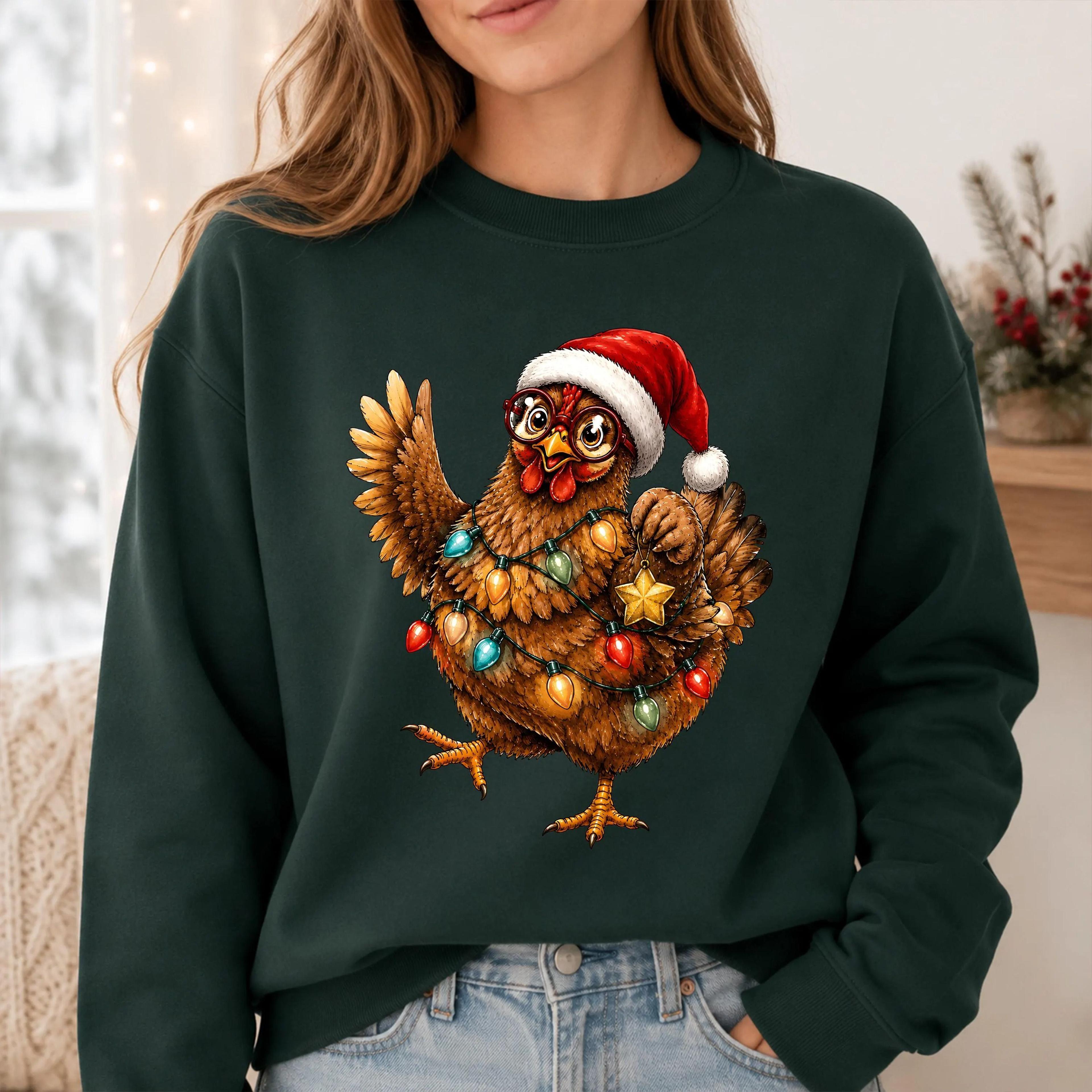christmas chicken sweatshirt, funny santa hat chicken crewneck, farmhouse xmas sweater, chicken lover holiday gift, farm