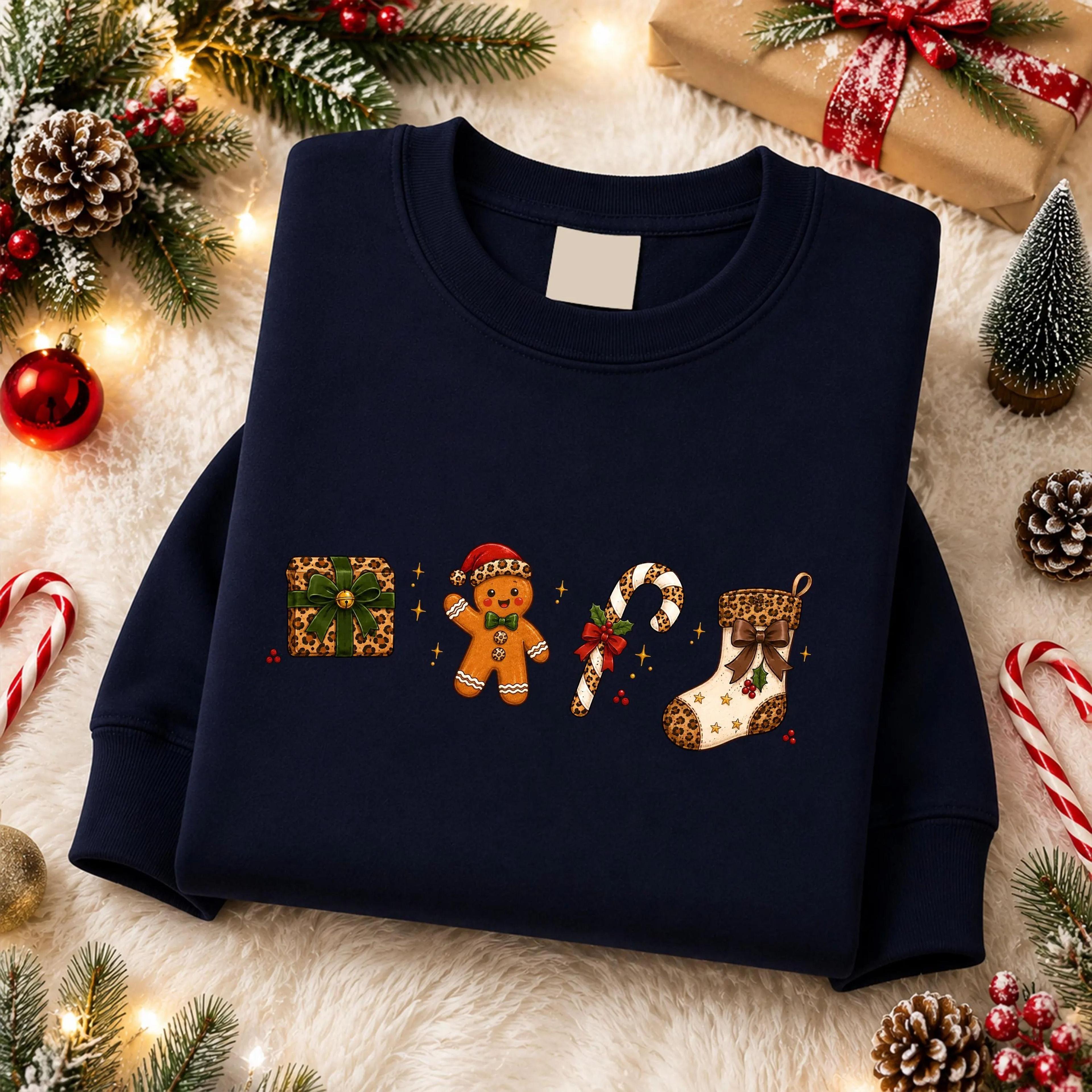 leopard christmas sweatshirt, cute gingerbread crewneck, christmas icons xmas sweater, womens holiday sweatshirt, christ