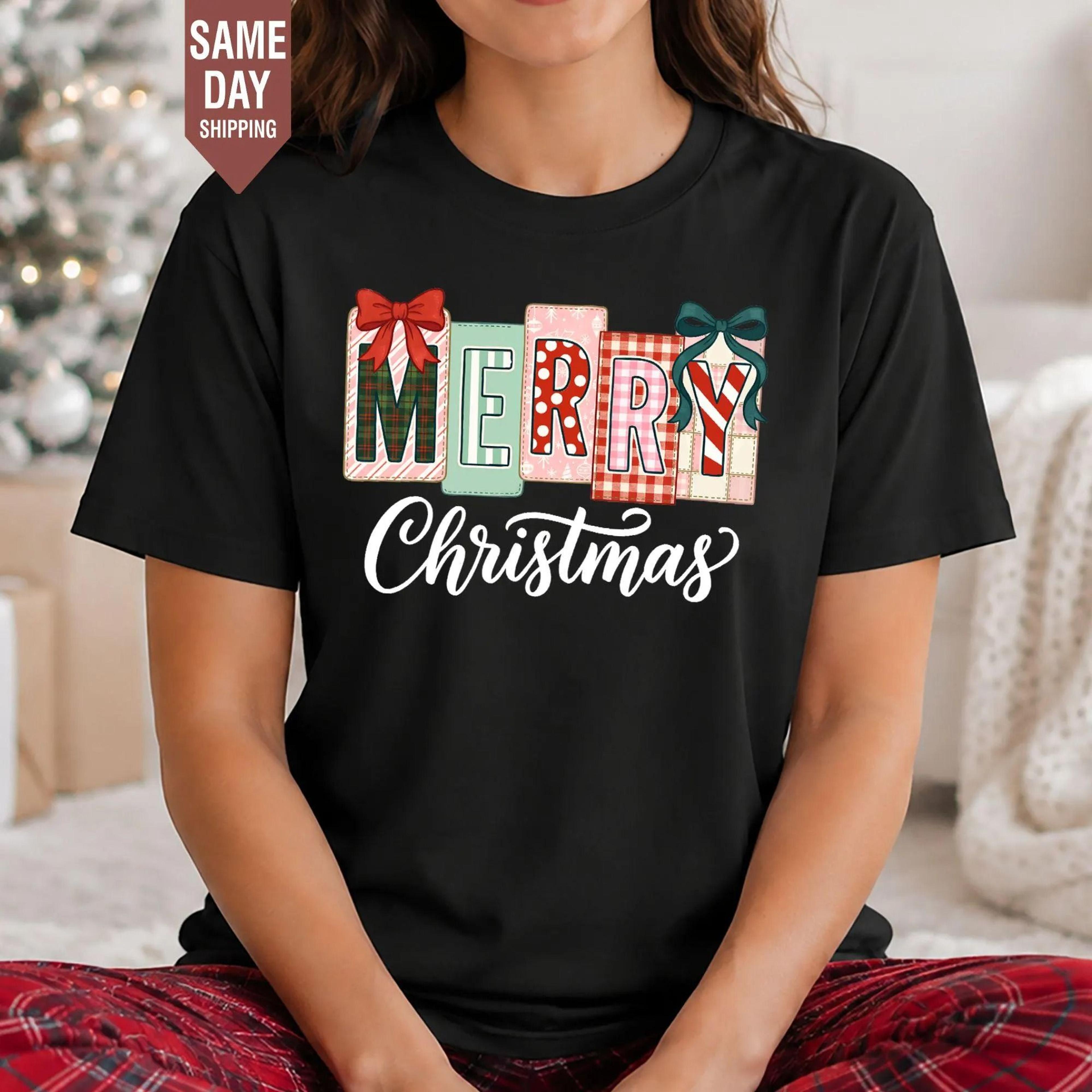 merry christmas shirt, cute coquette bow christmas tee, patchwork xmas shirt, womens holiday shirt, christmas gift for h