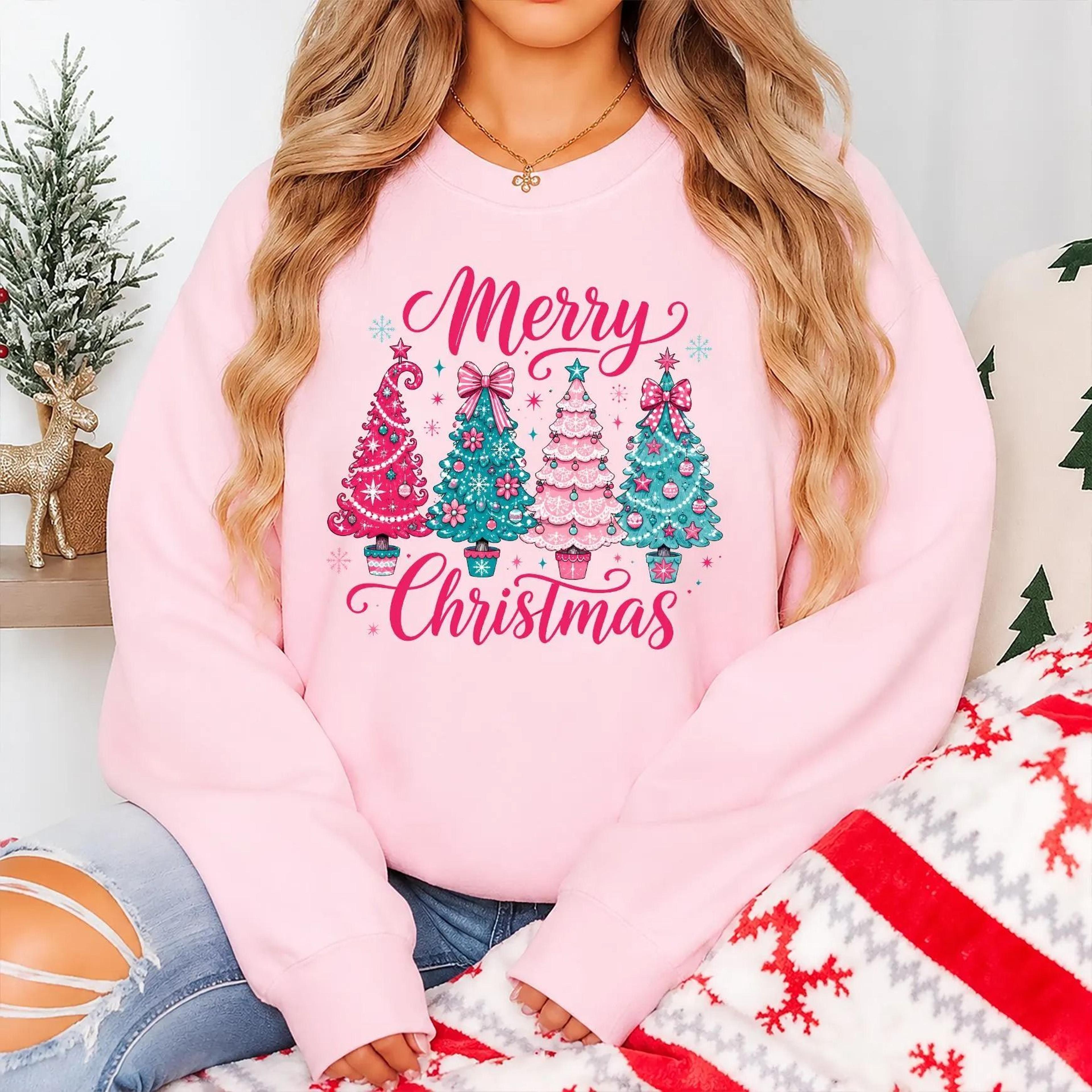 merry christmas sweatshirt, pink christmas trees crewneck, cute xmas sweater, womens holiday sweatshirt, christmas gift