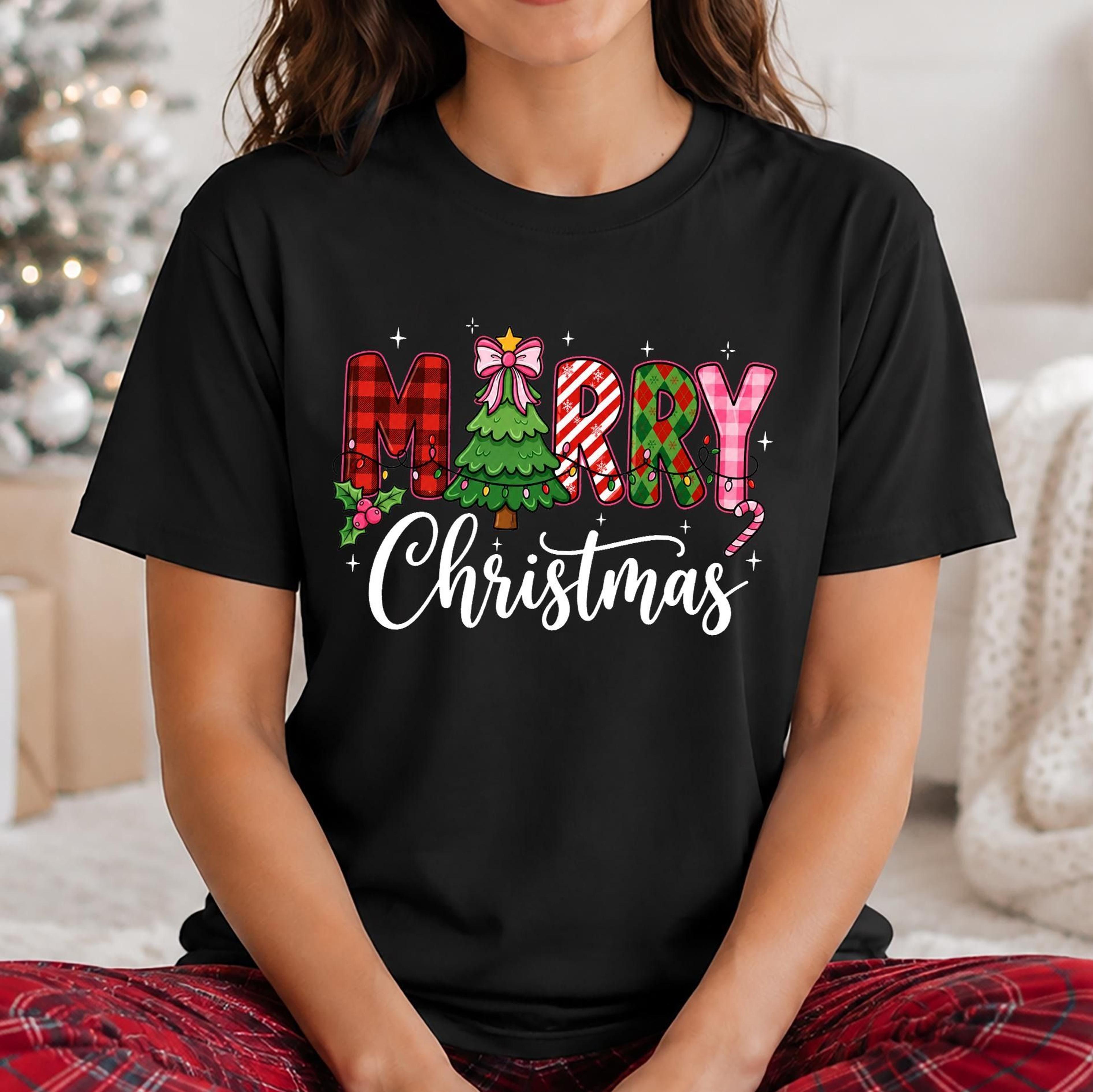 merry christmas shirt, cute plaid christmas tree tee, colorful xmas shirt, candy cane holiday shirt, christmas gift, fes