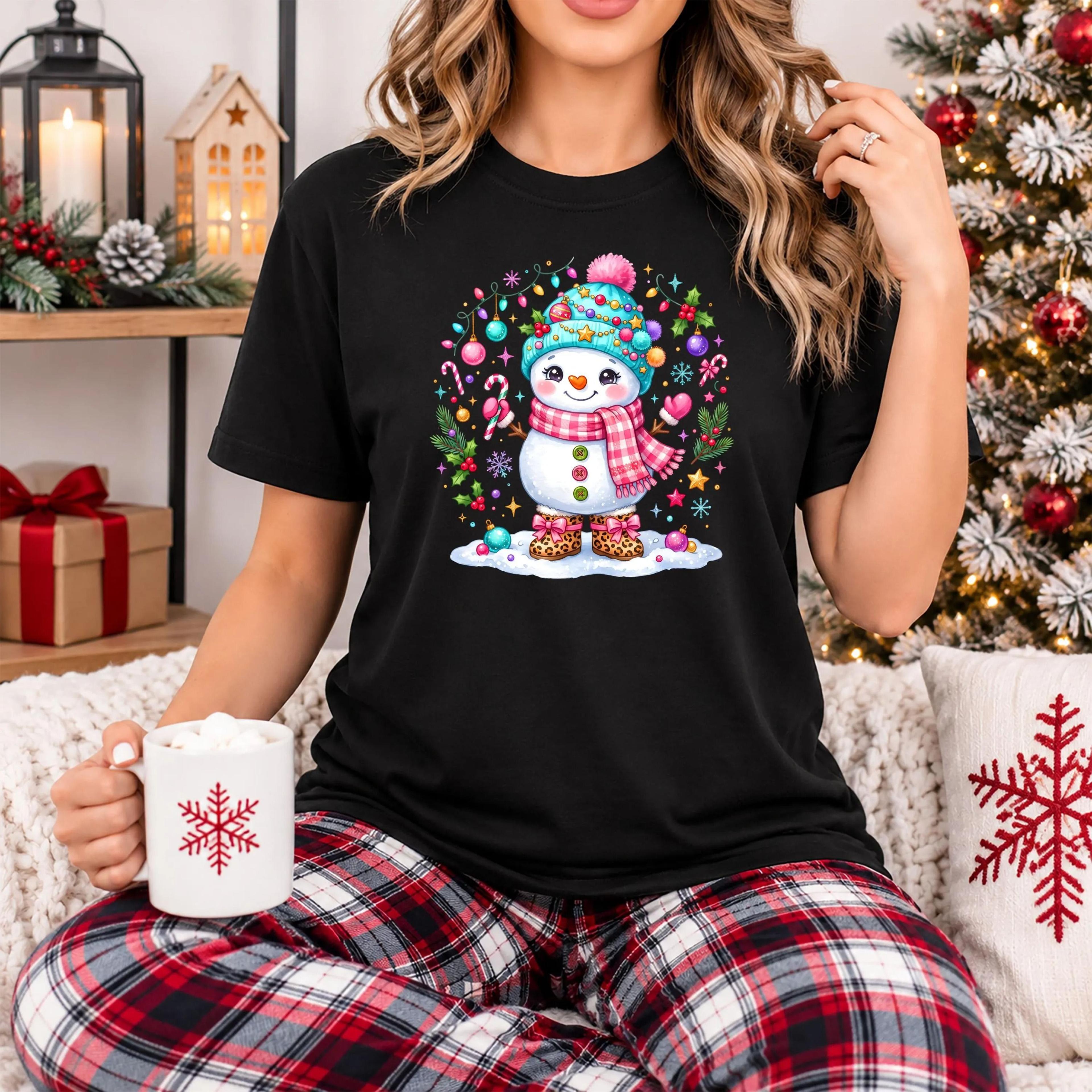 cute snowman christmas shirt, colorful snowman tee, pink christmas shirt, womens holiday shirt, christmas gift for her,