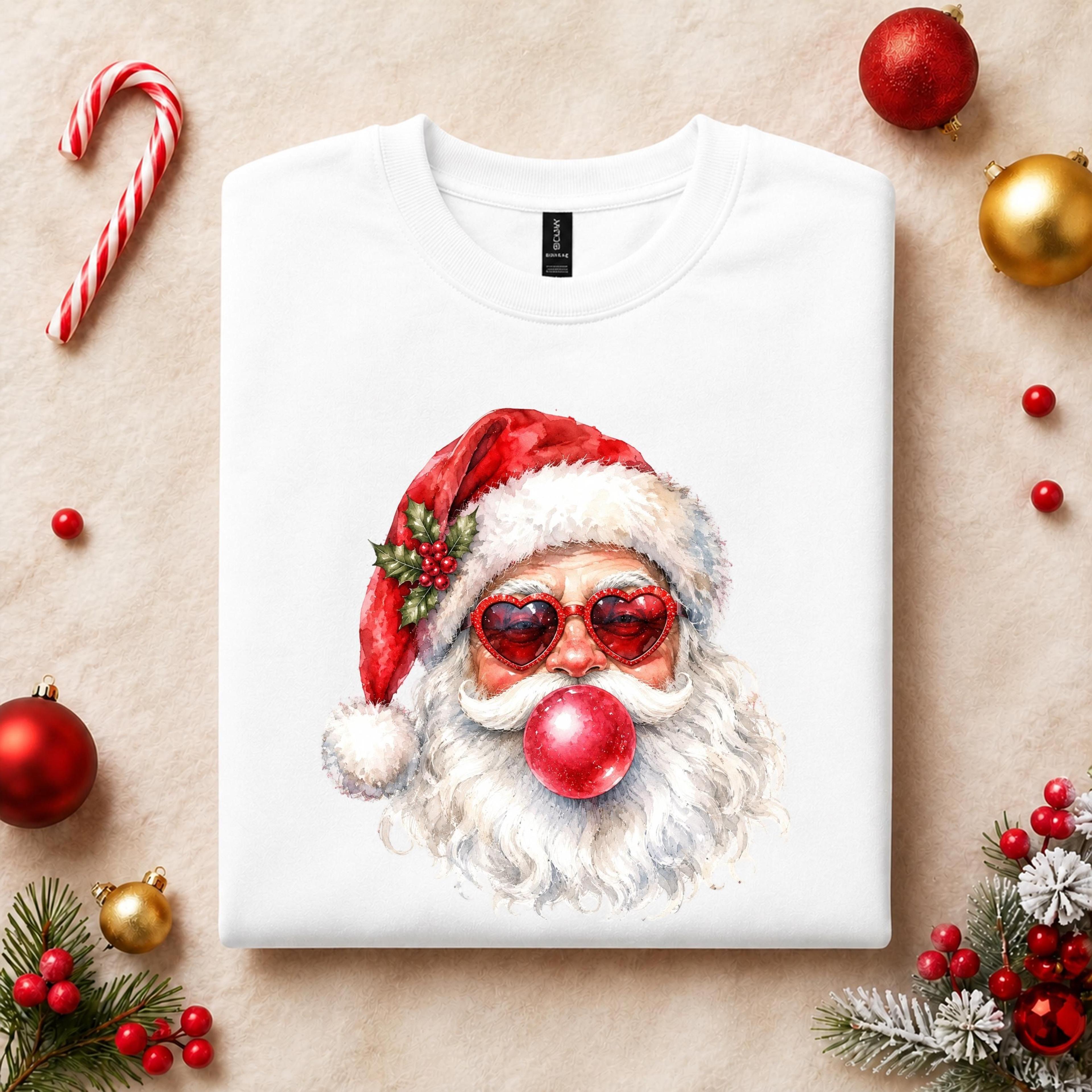 funny santa sweatshirt, cool santa bubblegum crewneck, retro christmas sweater, cute santa sunglasses xmas sweatshirt, h