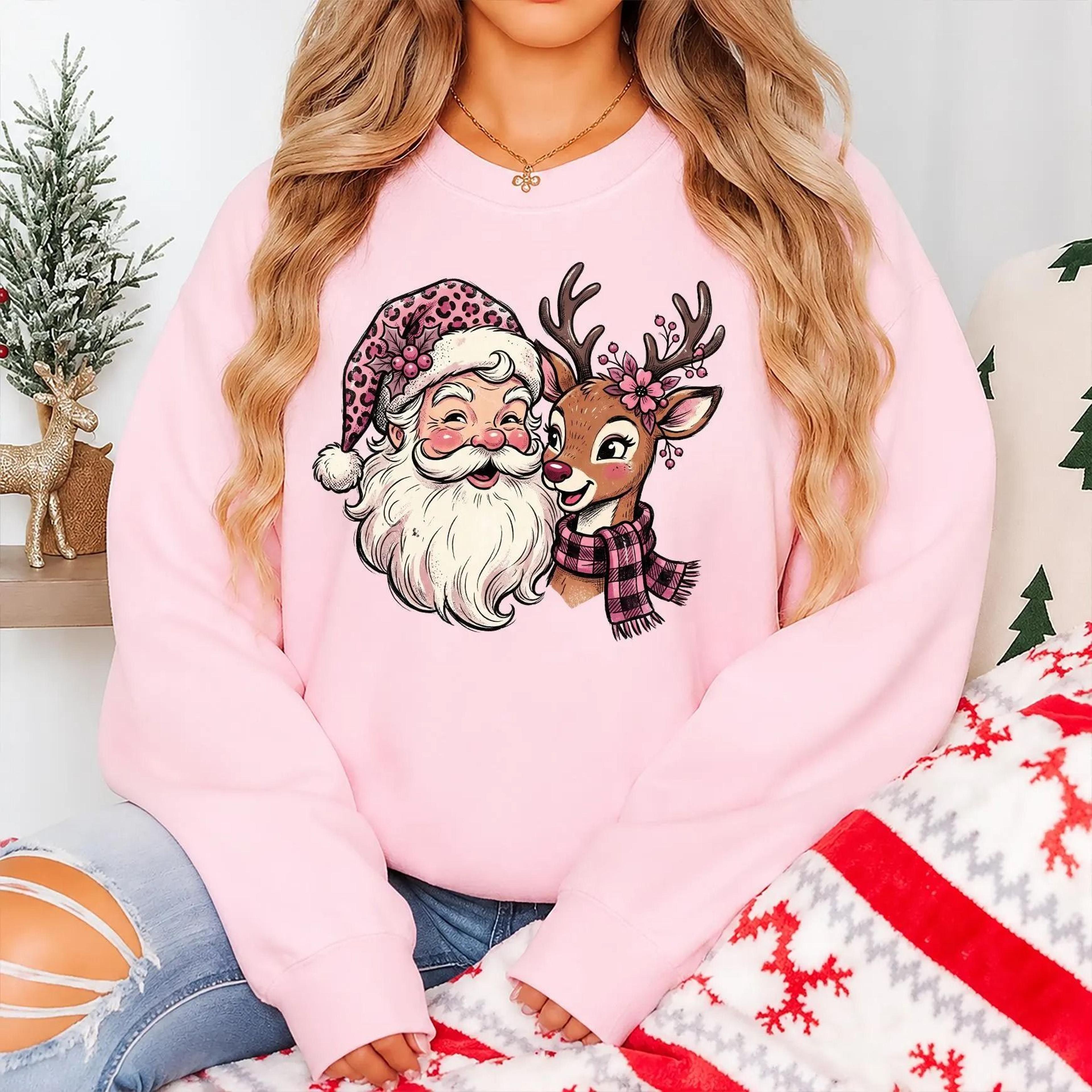 pink santa reindeer sweatshirt, retro christmas crewneck, vintage santa xmas sweater, womens holiday sweatshirt, christm