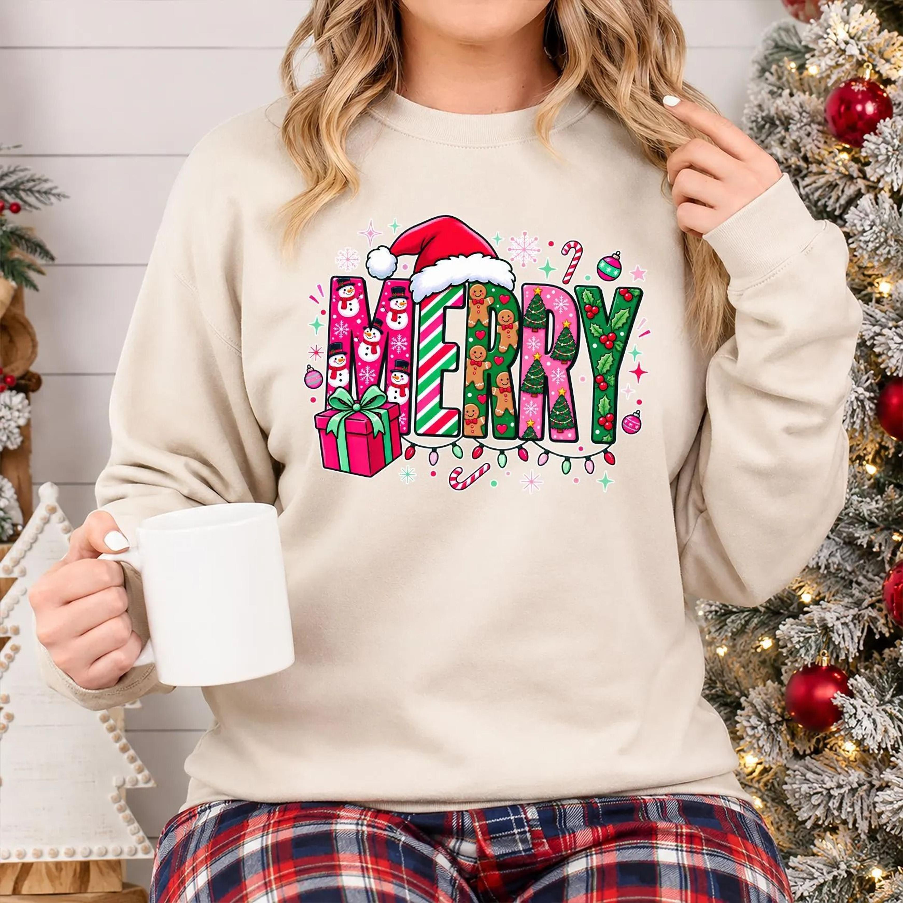 merry christmas sweatshirt, cute pink christmas crewneck, gingerbread snowman xmas sweater, festive holiday sweatshirt,