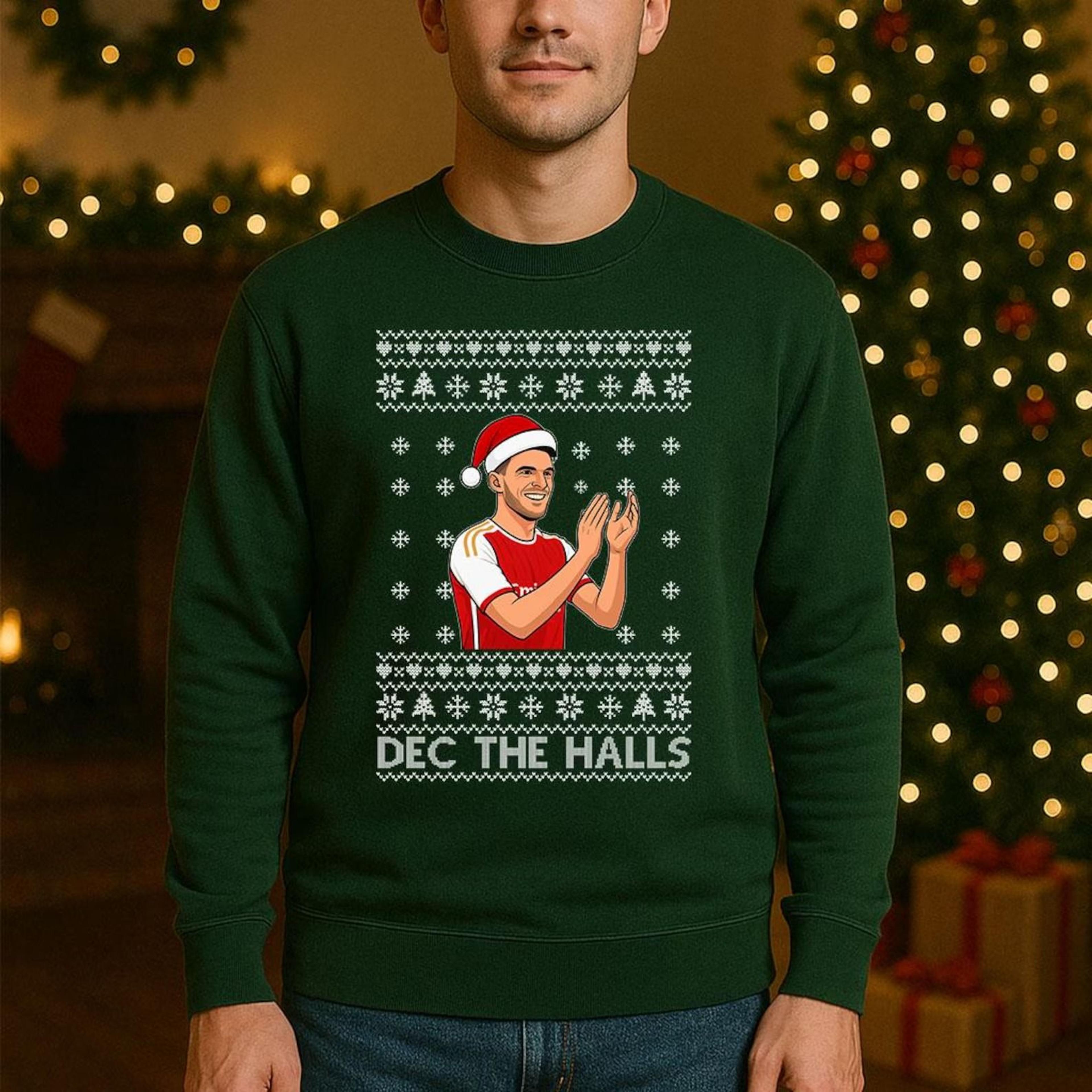 dec the halls declan rice arsenal xmas jumper, football christmas sweatshirt for men & women, festive soccer gift, red h