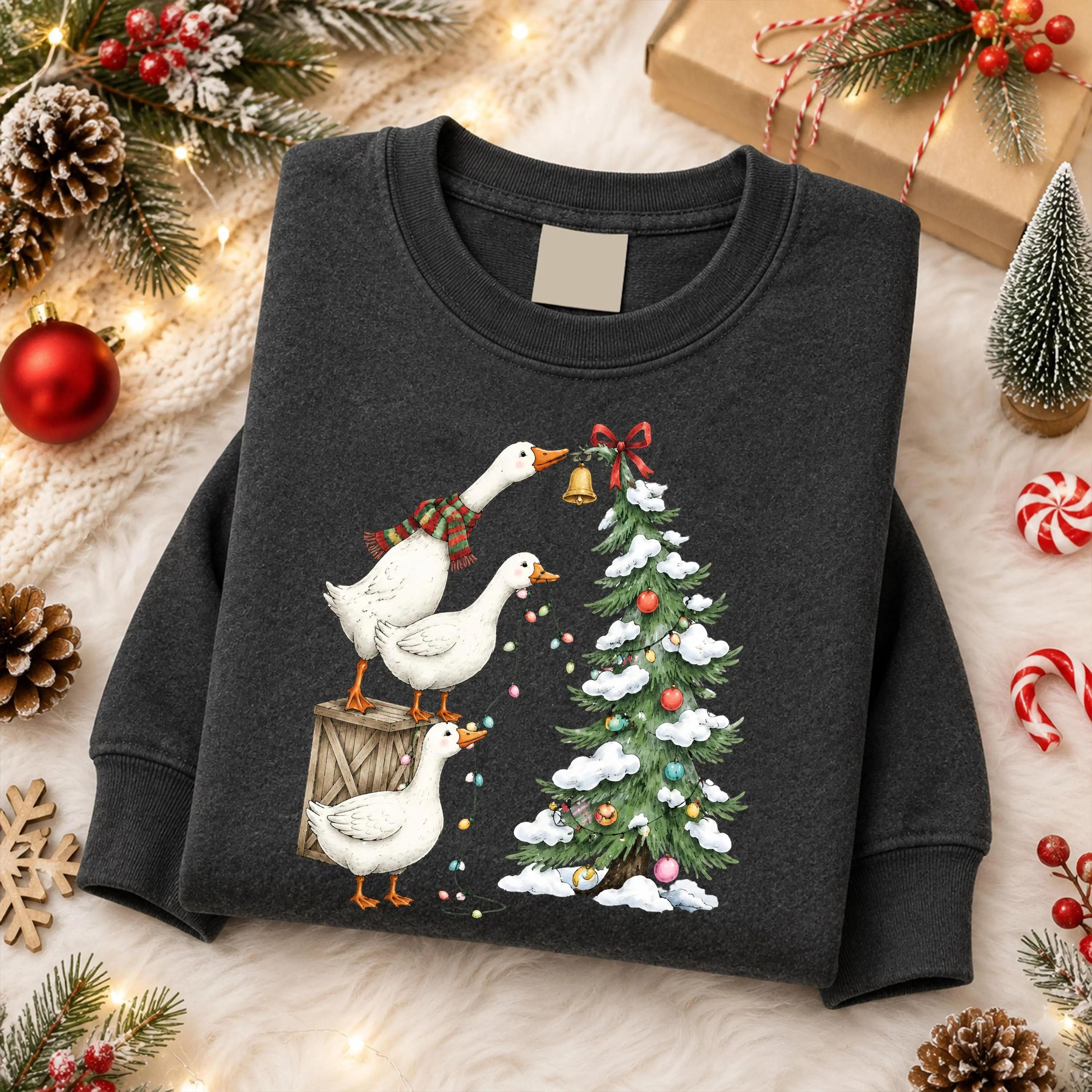 funny christmas goose sweatshirt, geese decorating christmas tree crewneck, farmhouse holiday sweater, cute goose lover