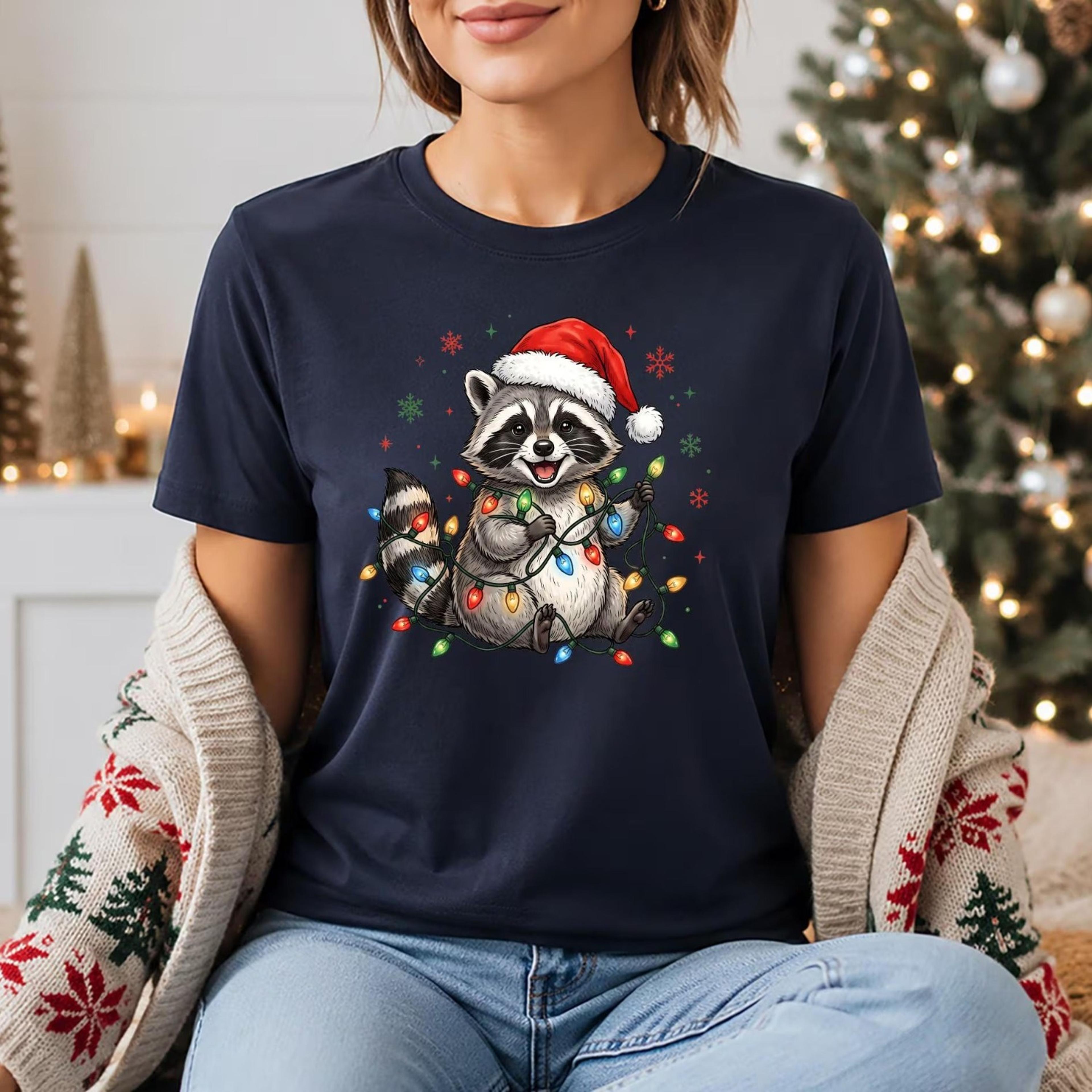 christmas raccoon shirt, cute santa hat raccoon tee, funny xmas lights raccoon shirt, holiday animal tee, christmas gift
