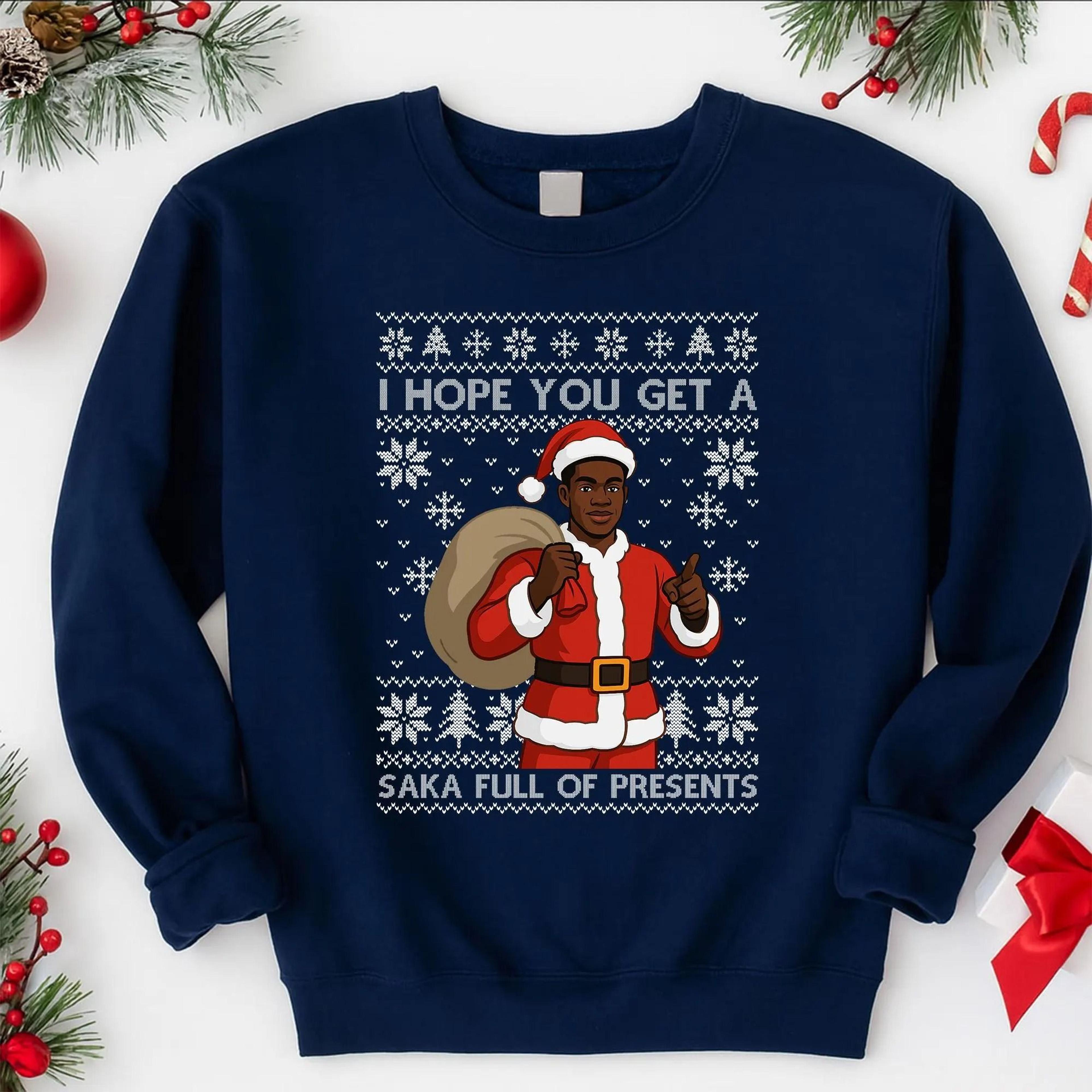 bukayo saka christmas sweatshirt, funny arsenal chrismas jumper, saka full of present football sweater, xmas soccer top,
