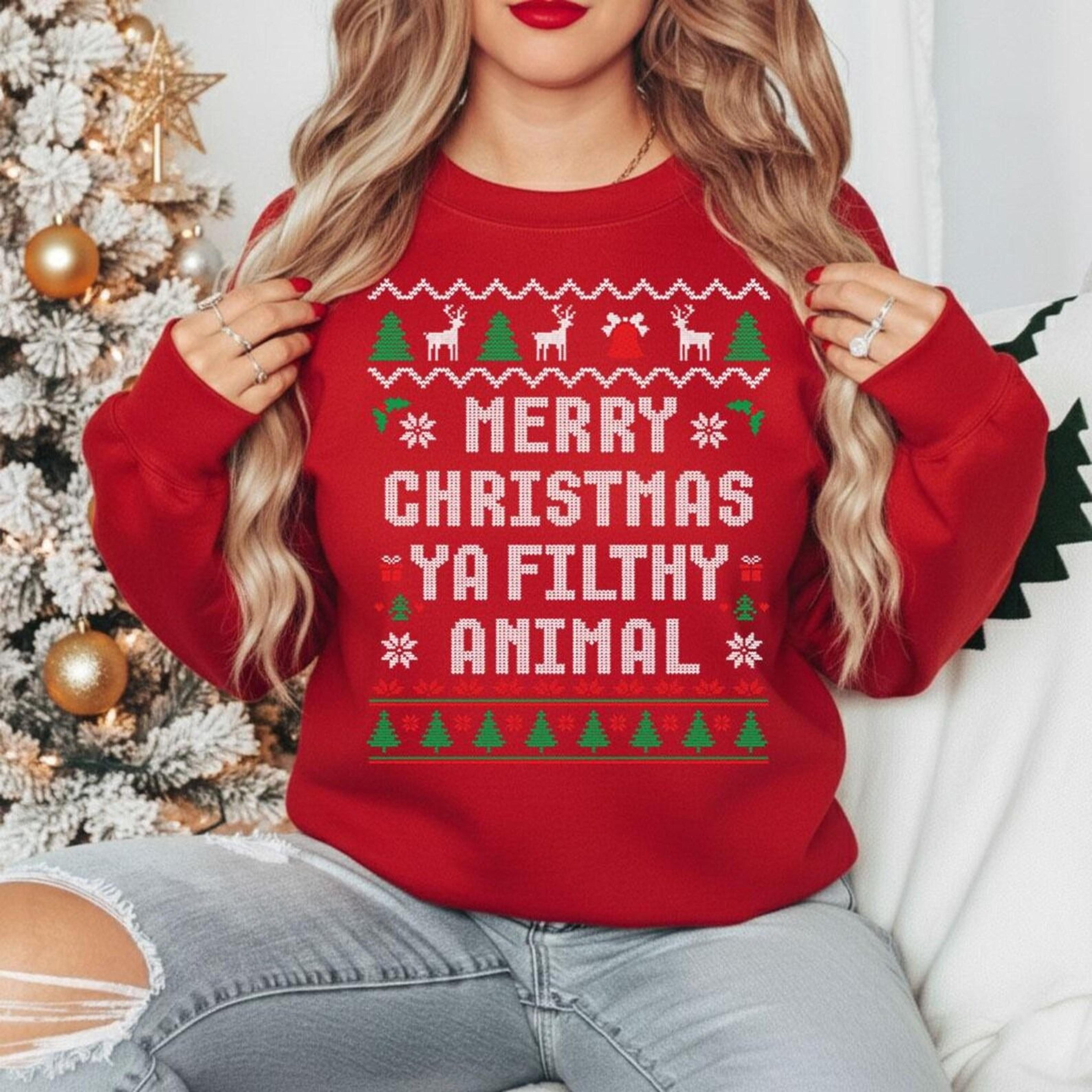 merry christmas ya filthy animal sweatshirt, funny ugly christmas jumper, holiday movie sweater, xmas crewneck gift for