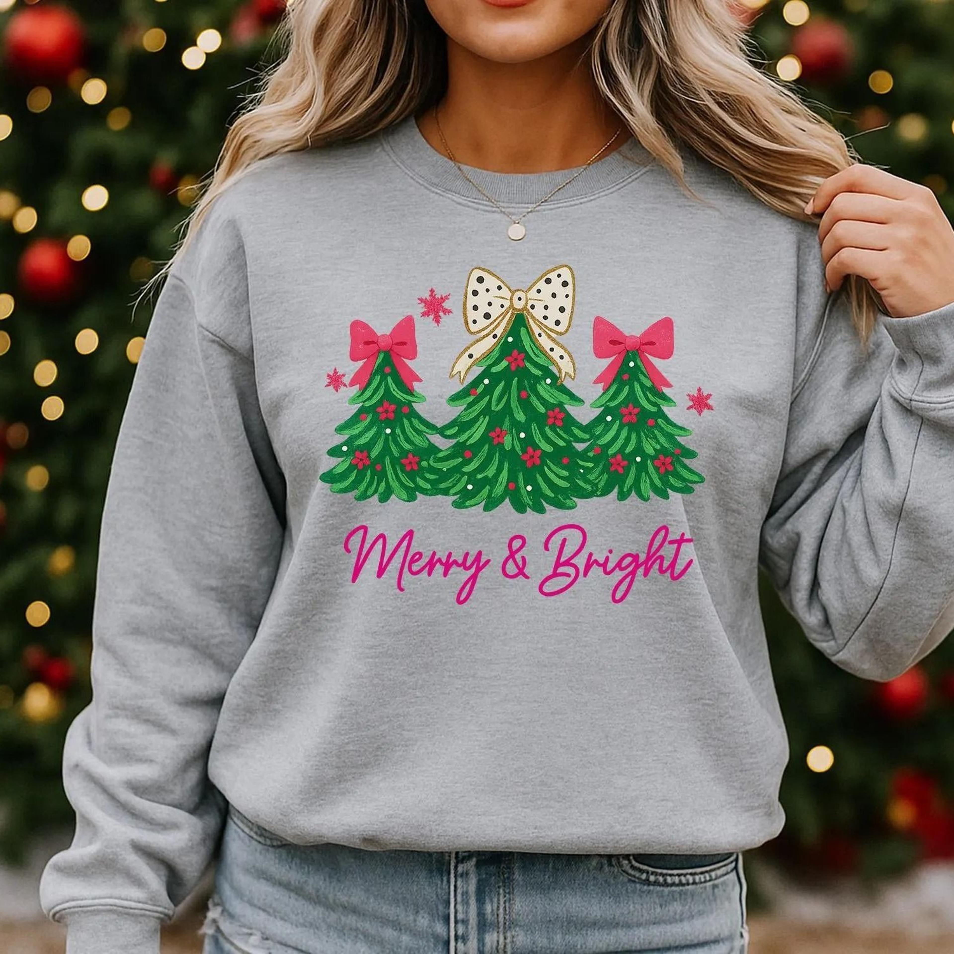 coquette pink christmas sweatshirt, merry & bright bow jumper, cute girly holiday sweater, festive lights crewneck top,