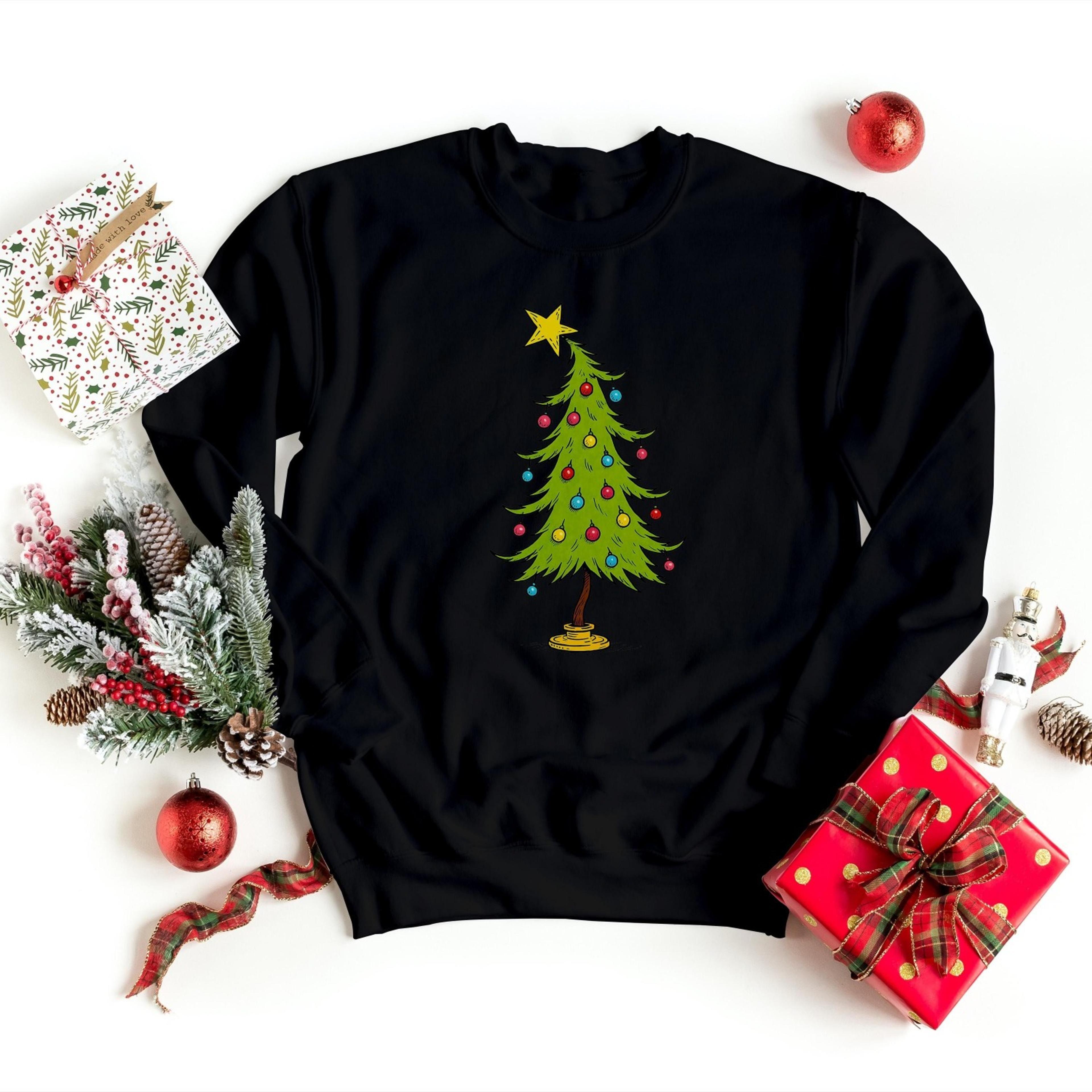 cute whimsical tree sweatshirt, holiday lights crewneck retro christmas tree jumper, festive winter tree sweater gift,