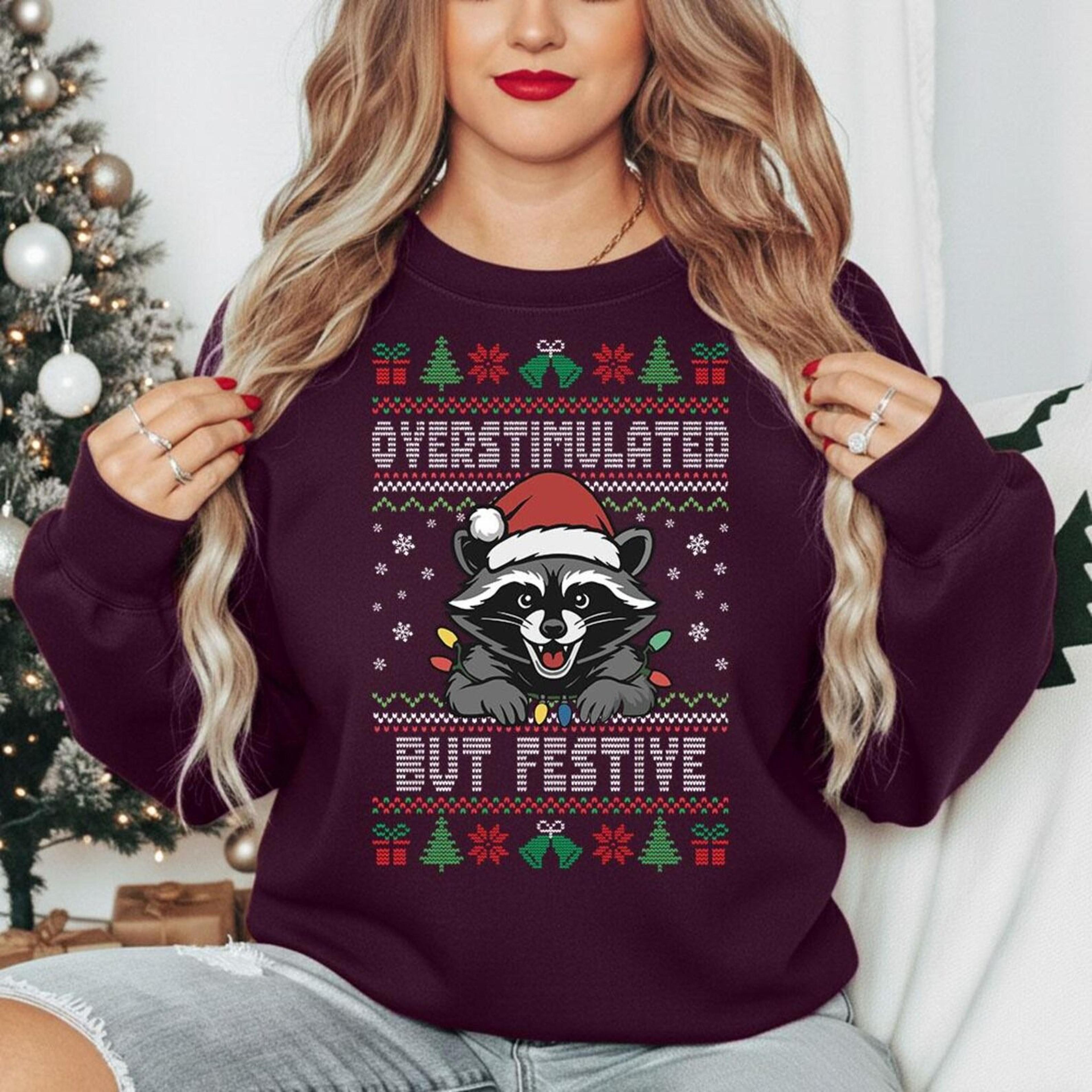 overstimulated raccoon xmas sweatshirt, funny ugly christmas sweater, cute holiday jumper for animal lovers, raccoon xma