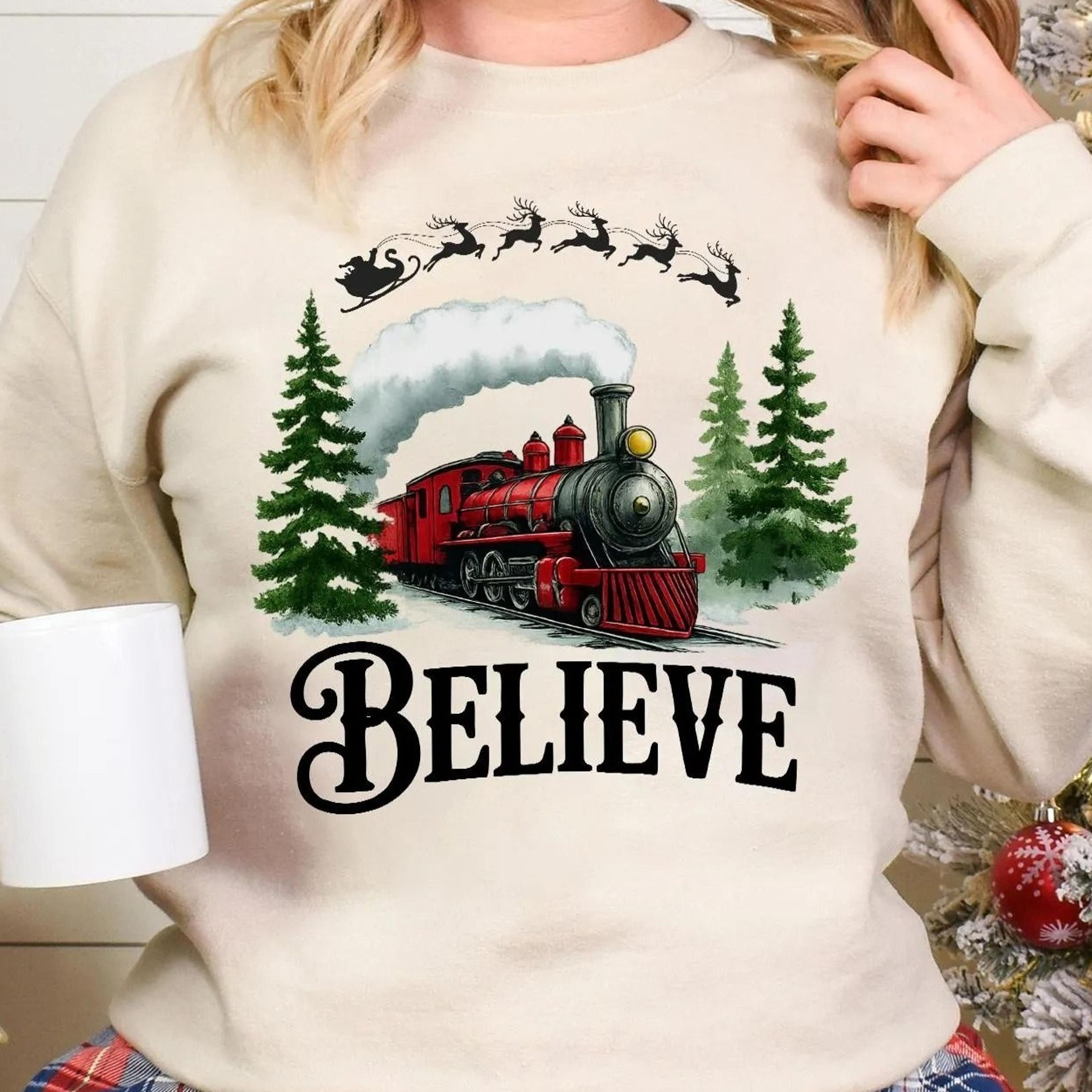 polar express christmas sweatshirt, believe in santa jumper, all aboard xmas sweater, holiday movie crewneck jumper, fes