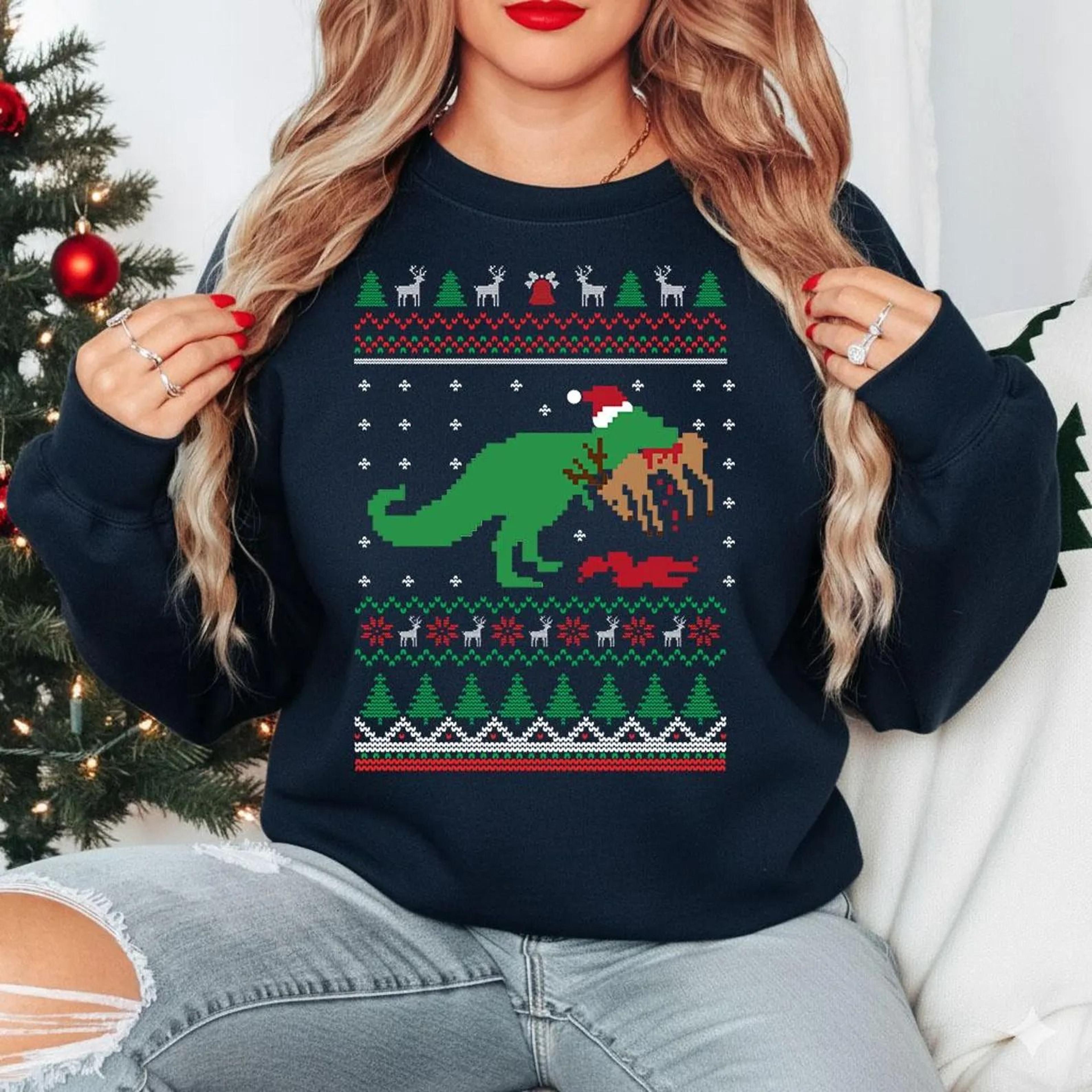 funny t-rex christmas jumper, cute dinosaur reindeer sweatshirt, family xmas sweater, kids & adults ugly holiday top, ju