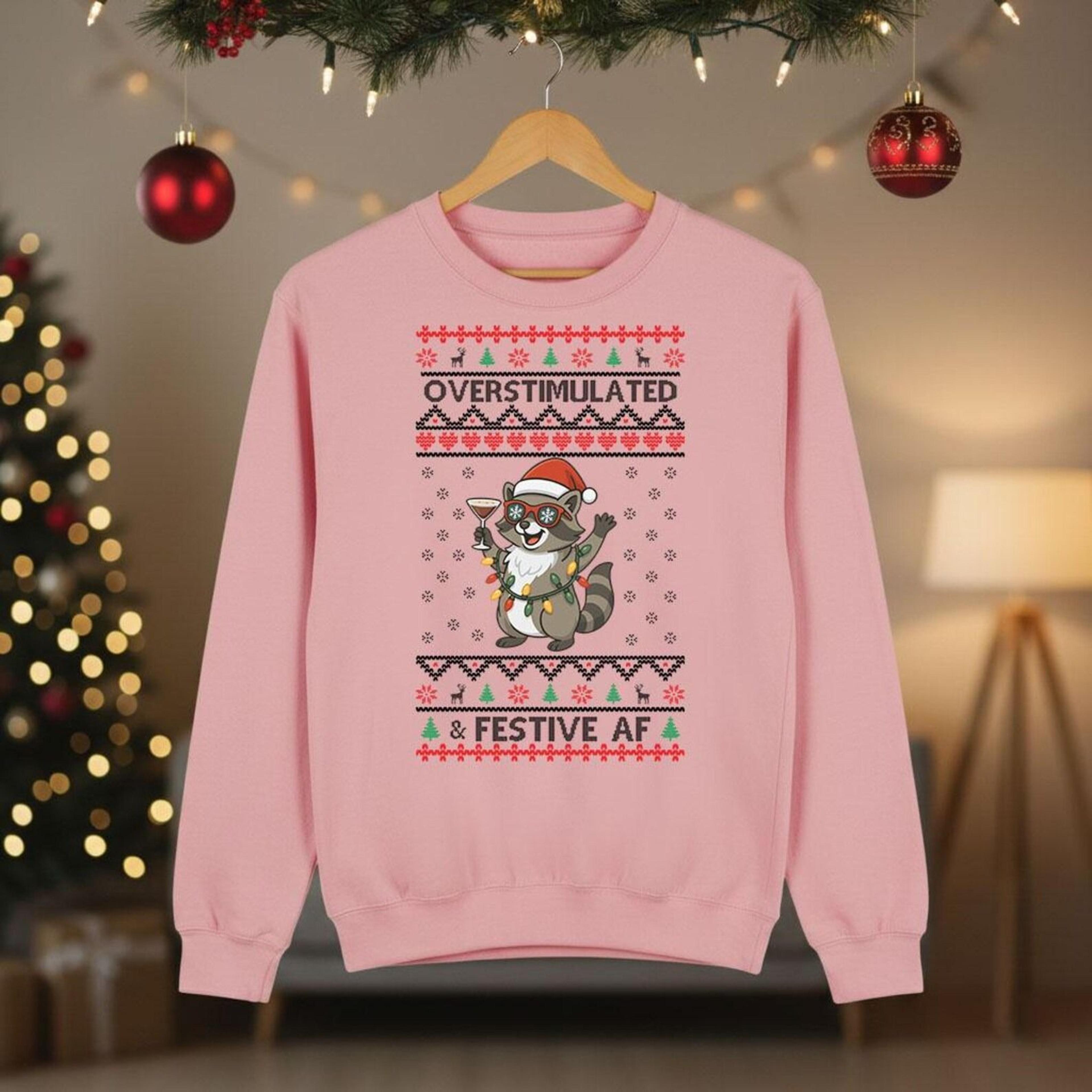 funny overstimulated but festive raccoon christmas sweatshirt, women's ugly xmas sweater, meme holiday jumper, cute tras