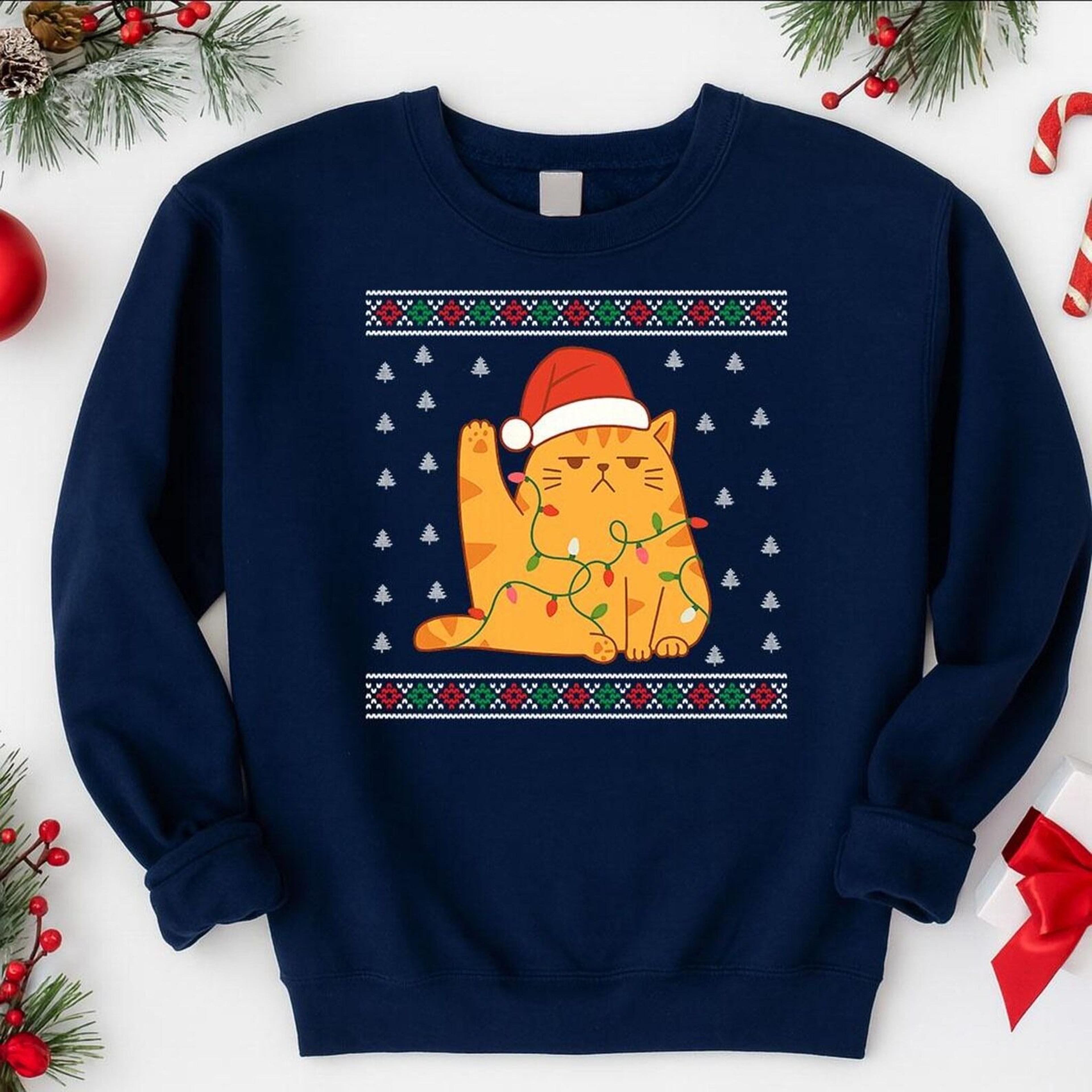 cat ugly christmas sweater, funny cat sweatshirt for kids & adults, cute xmas jumper, cat lover holiday jumper, christma