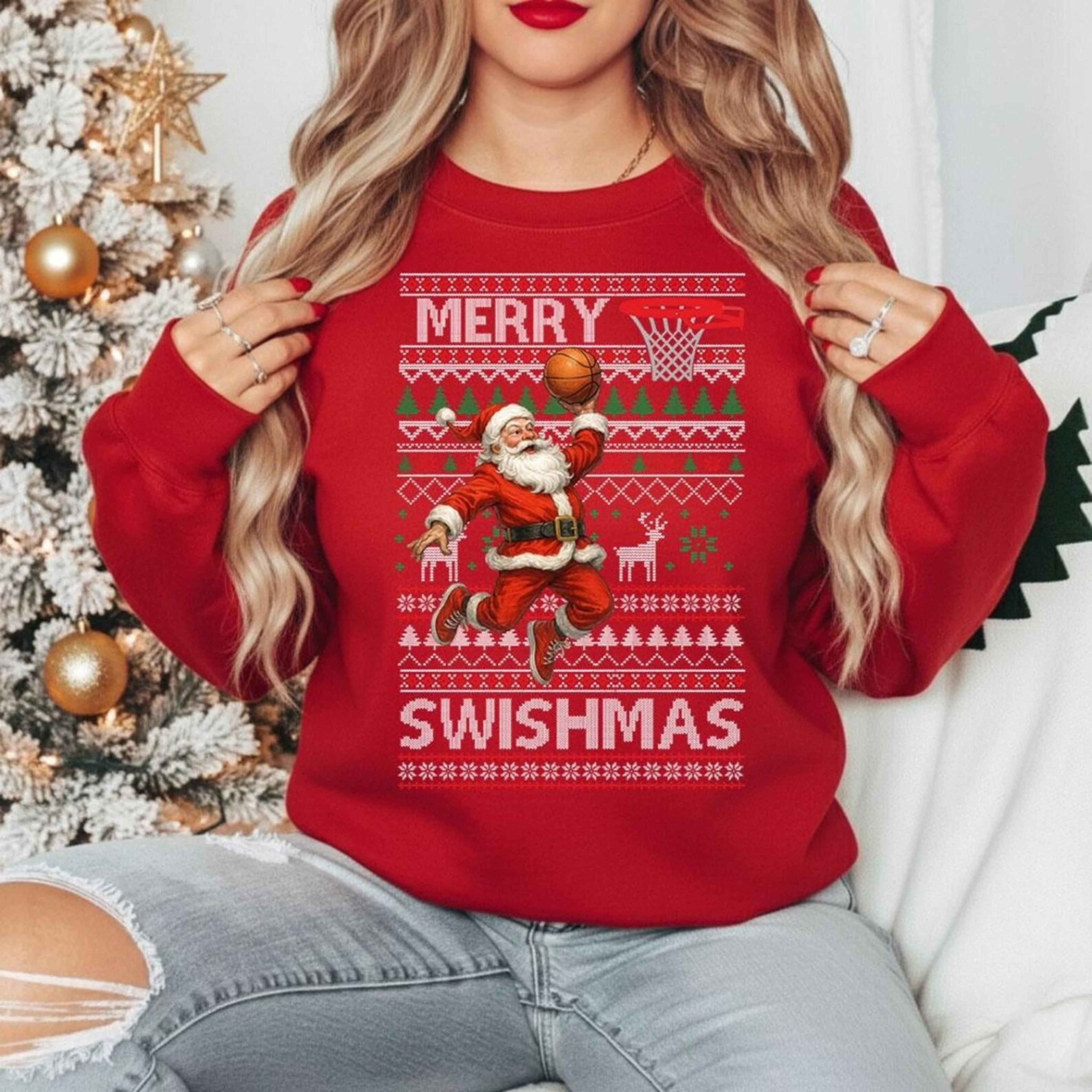 funny merry swishmas ugly christmas jumper, santa basketball sweatshirt, holiday basketball team xmas tops, sports lover