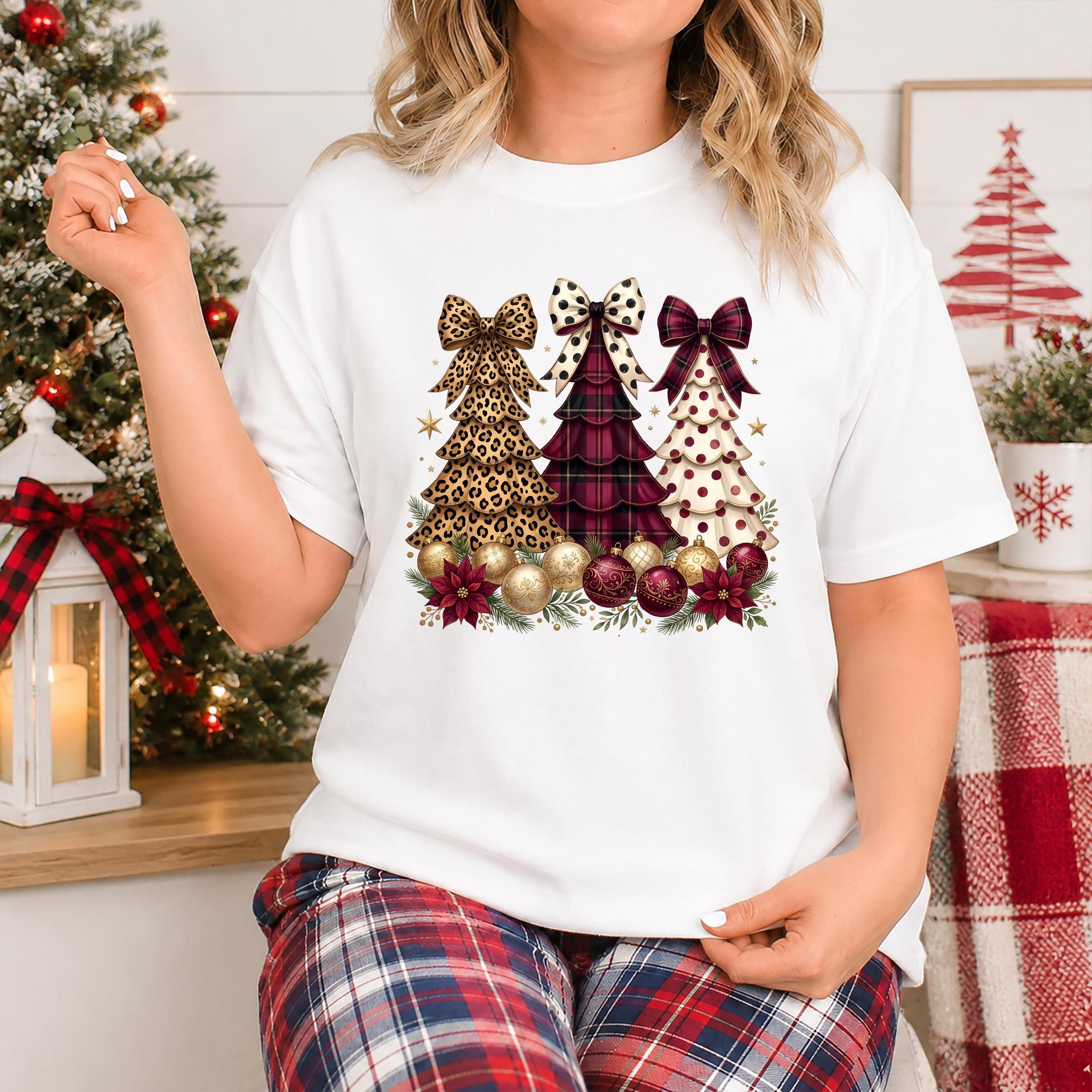 christmas tree shirt, leopard bow christmas tee plaid holiday t shirt, cute christmas tree top, festive women's