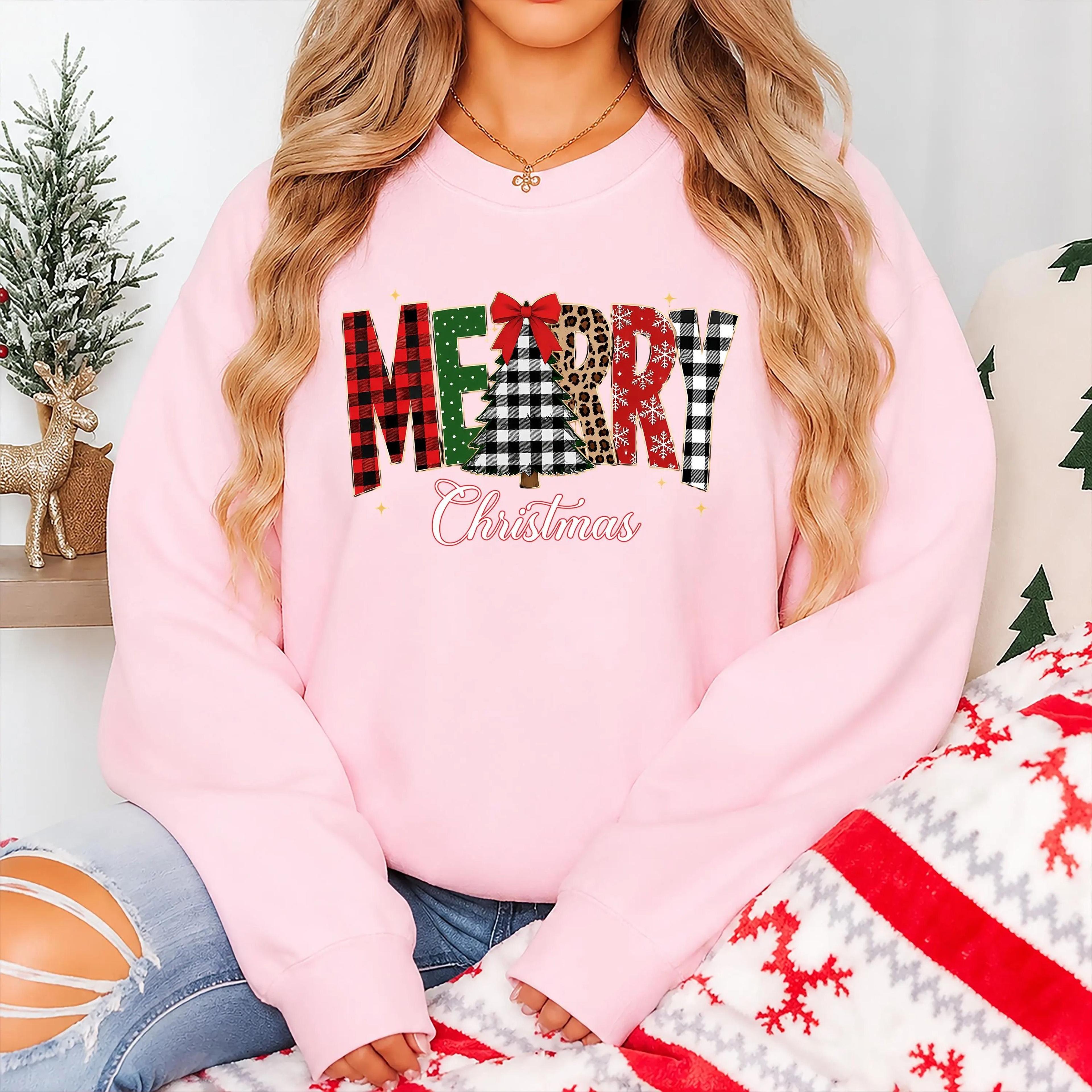 merry christmas sweatshirt, plaid christmas tree crewneck, leopard xmas jumper, cute christmas sweatshirt women
