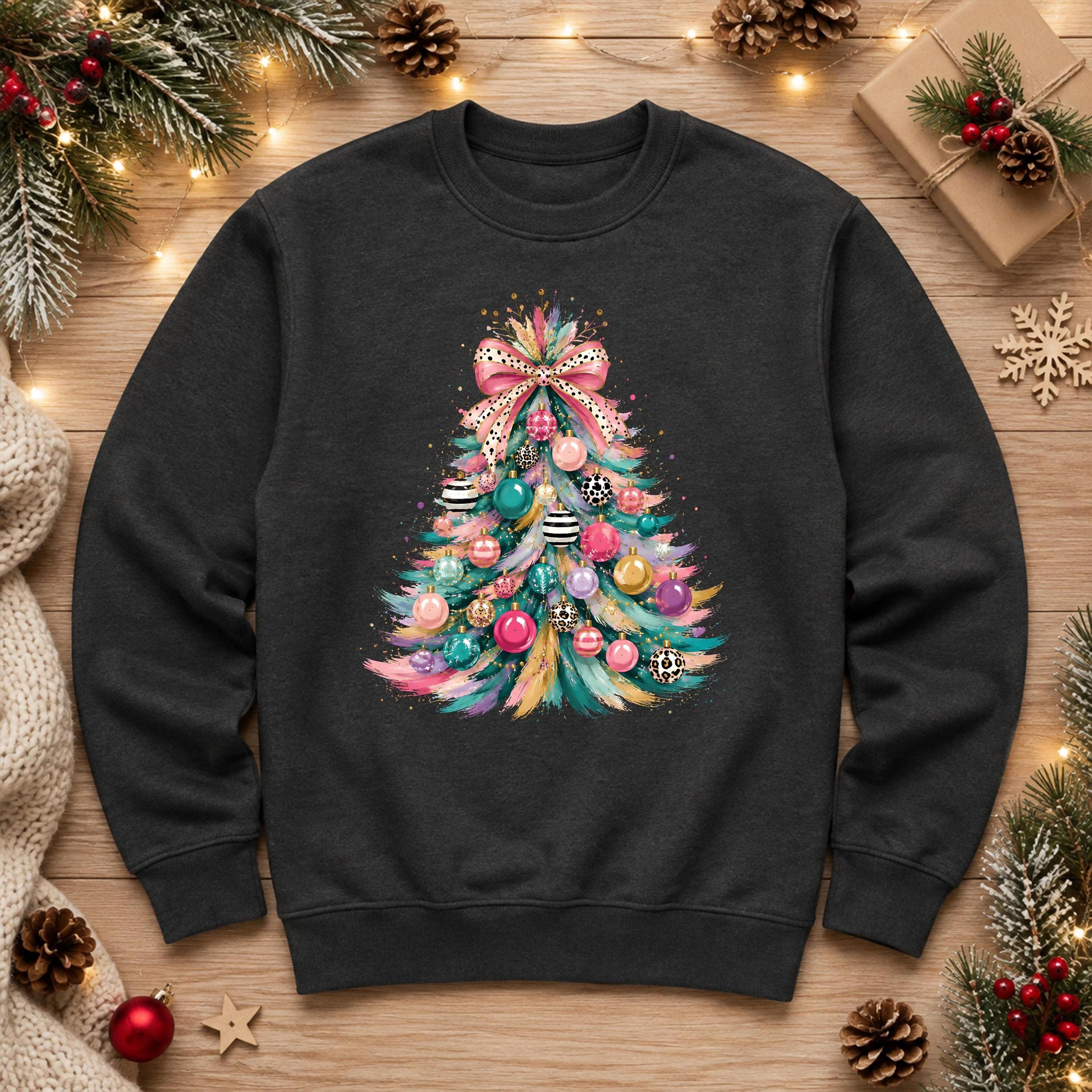 colorful christmas tree sweatshirt, cute christmas crewneck, pink leopard xmas jumper, watercolor tree holiday