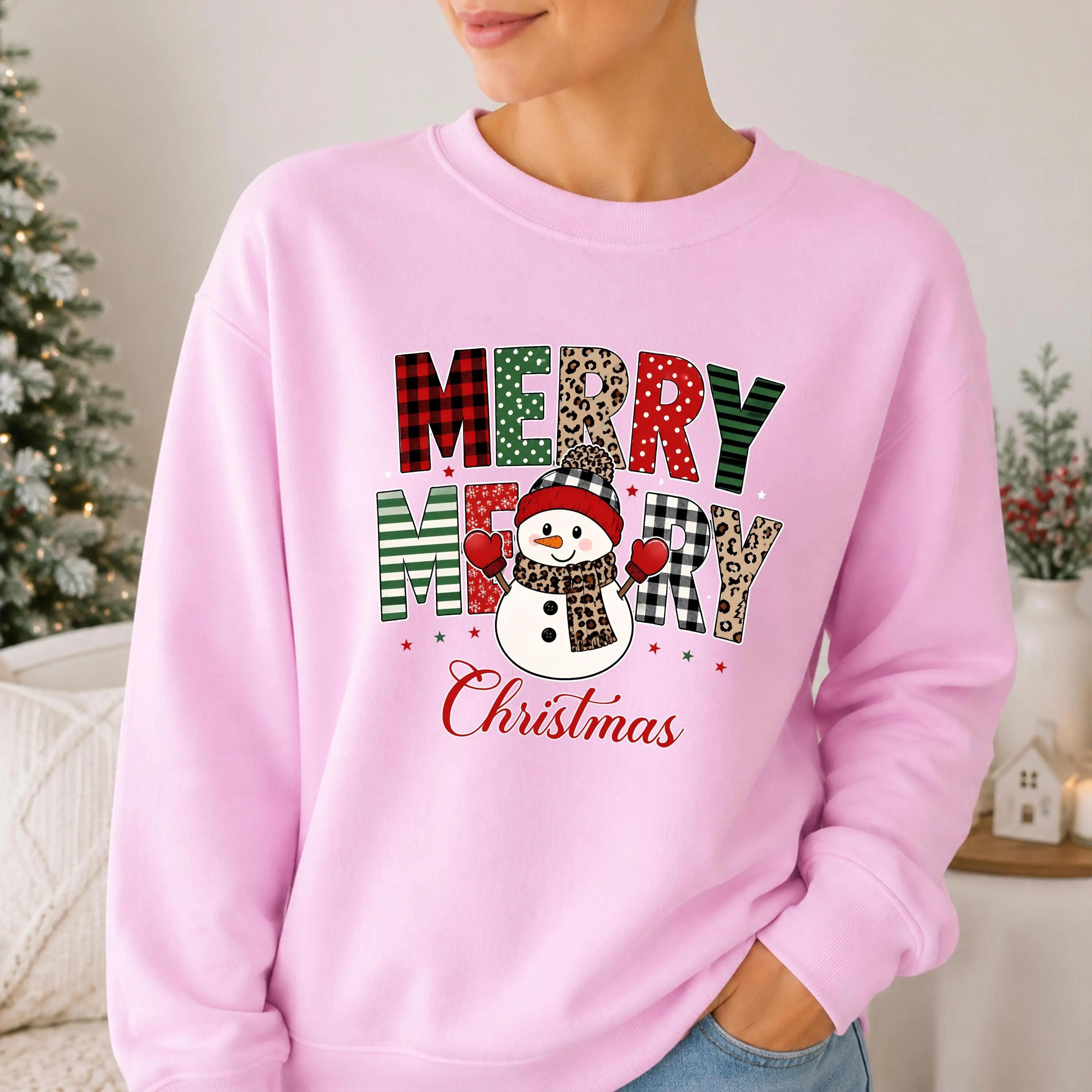 merry christmas sweatshirt, snowman christmas crewneck, leopard plaid xmas sweatshirt, cute christmas sweatshirt women,