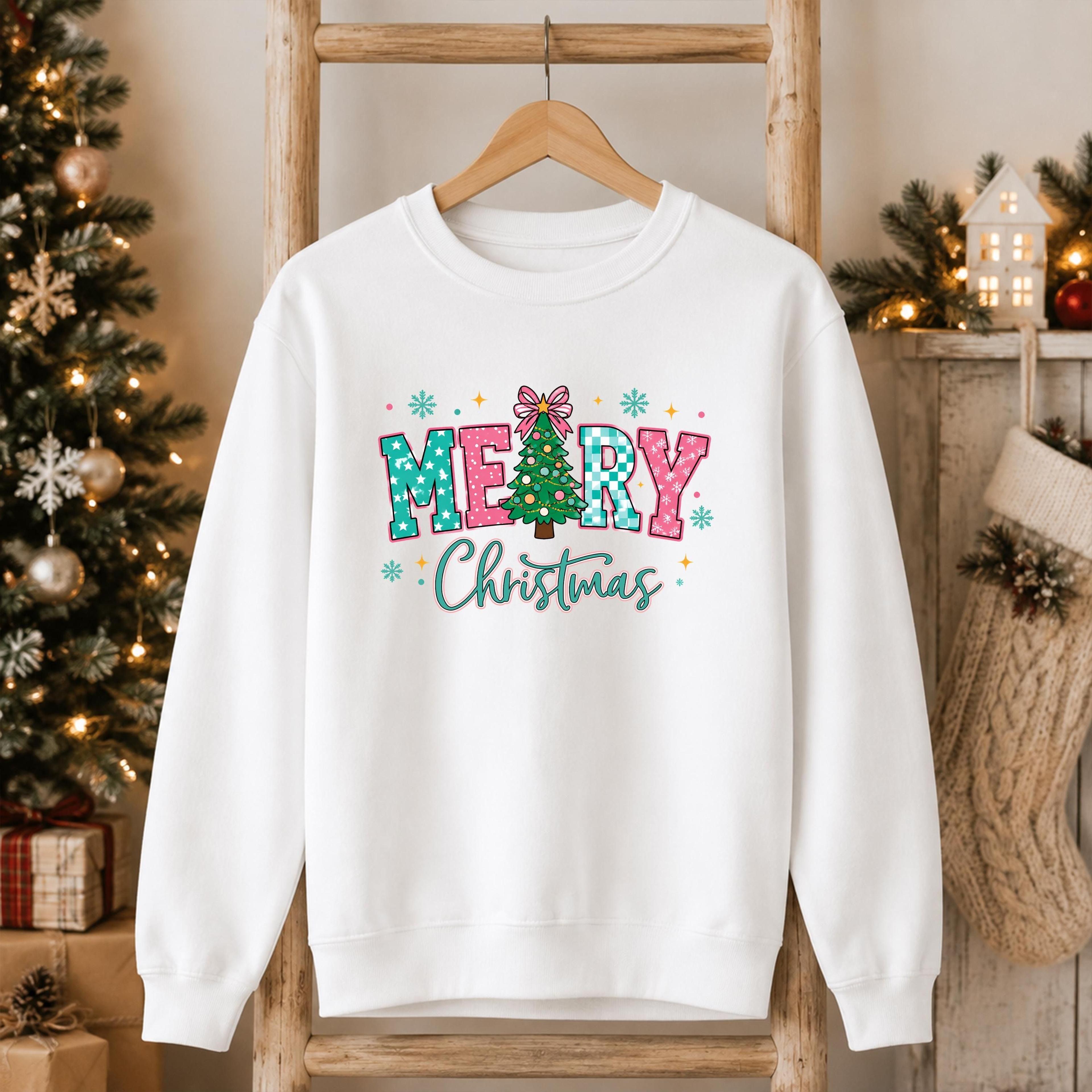 merry christmas sweatshirt, pink teal christmas tree sweater, pastel coquette bow crewneck, xmas holiday jumper, cute ch