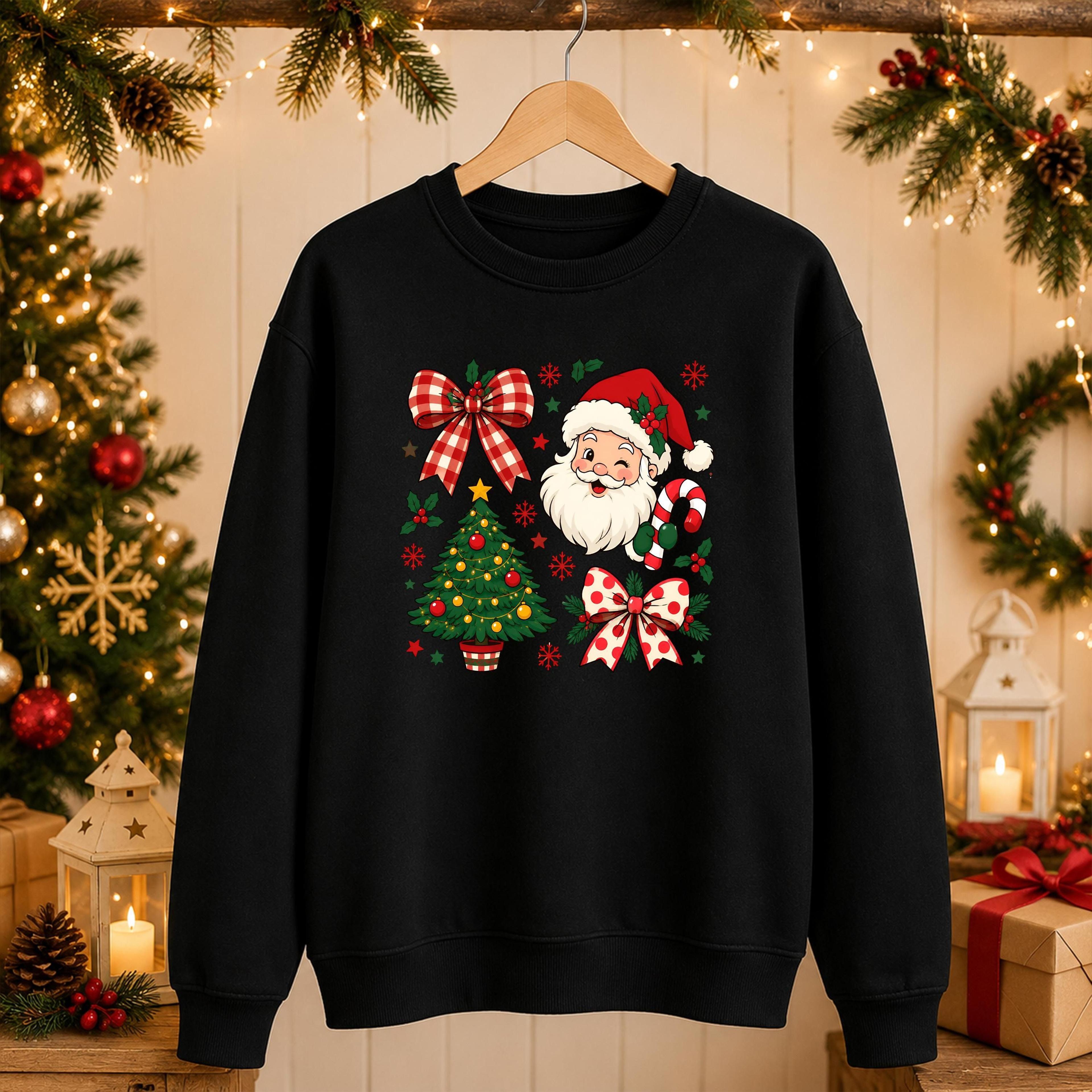 cute santa christmas sweatshirt, coquette bow christmas tree sweater, retro santa crewneck, womens holiday jumper, vinta
