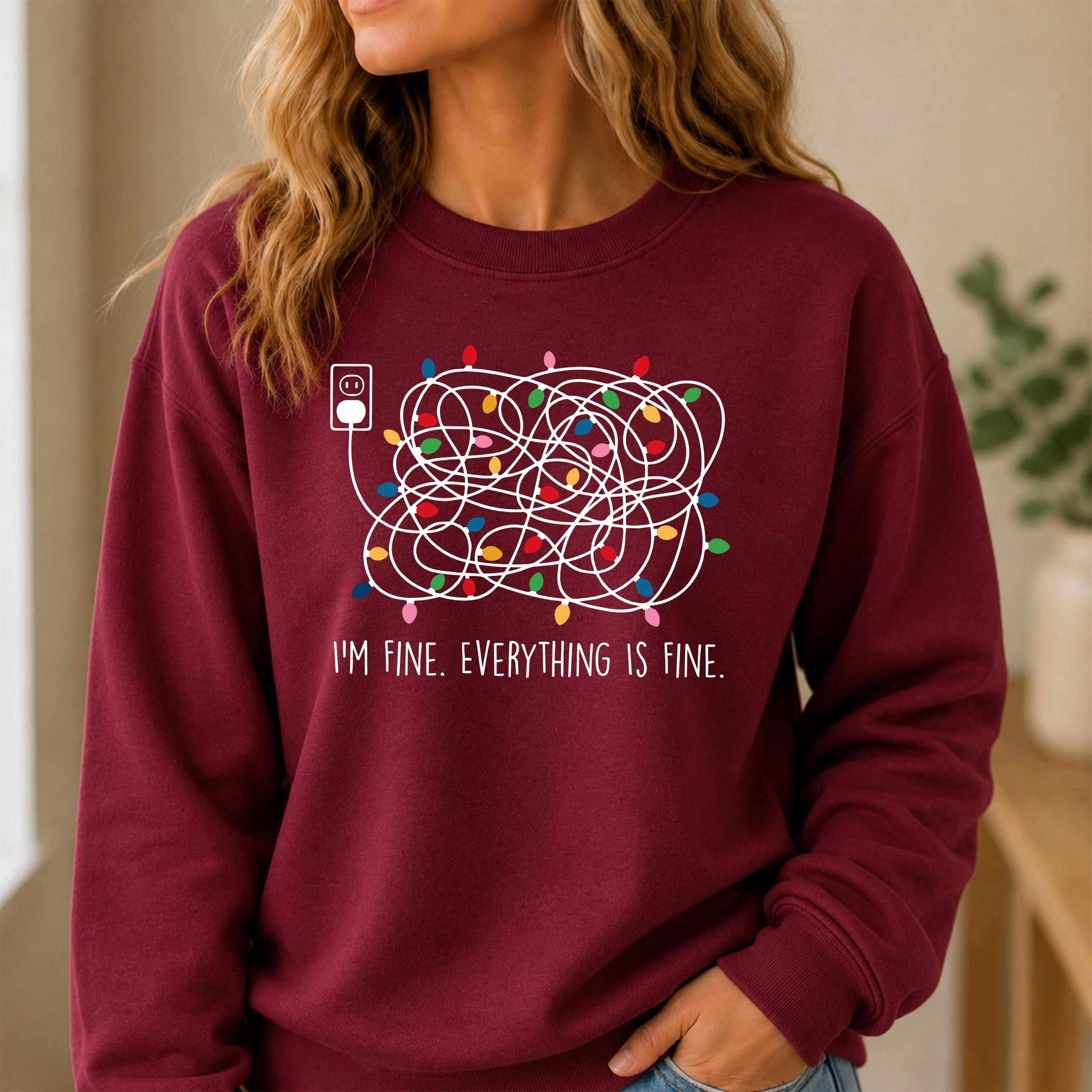 funny christmas sweatshirt, im fine everything is fine tangled lights crewneck top, sarcastic christmas sweater, xmas ho