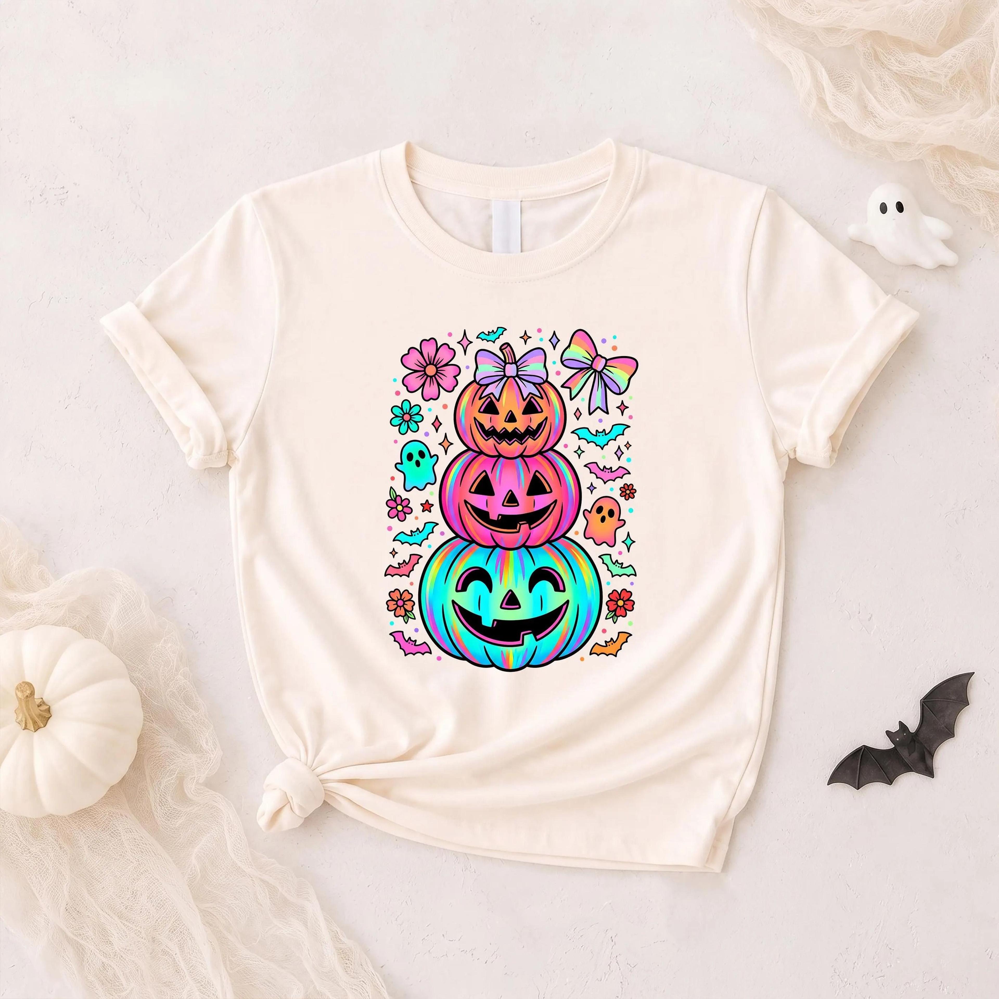 neon pumpkin halloween shirt, colorful jack o lantern tee, cute bright spooky season shirt, fall halloween tee, pumpkin