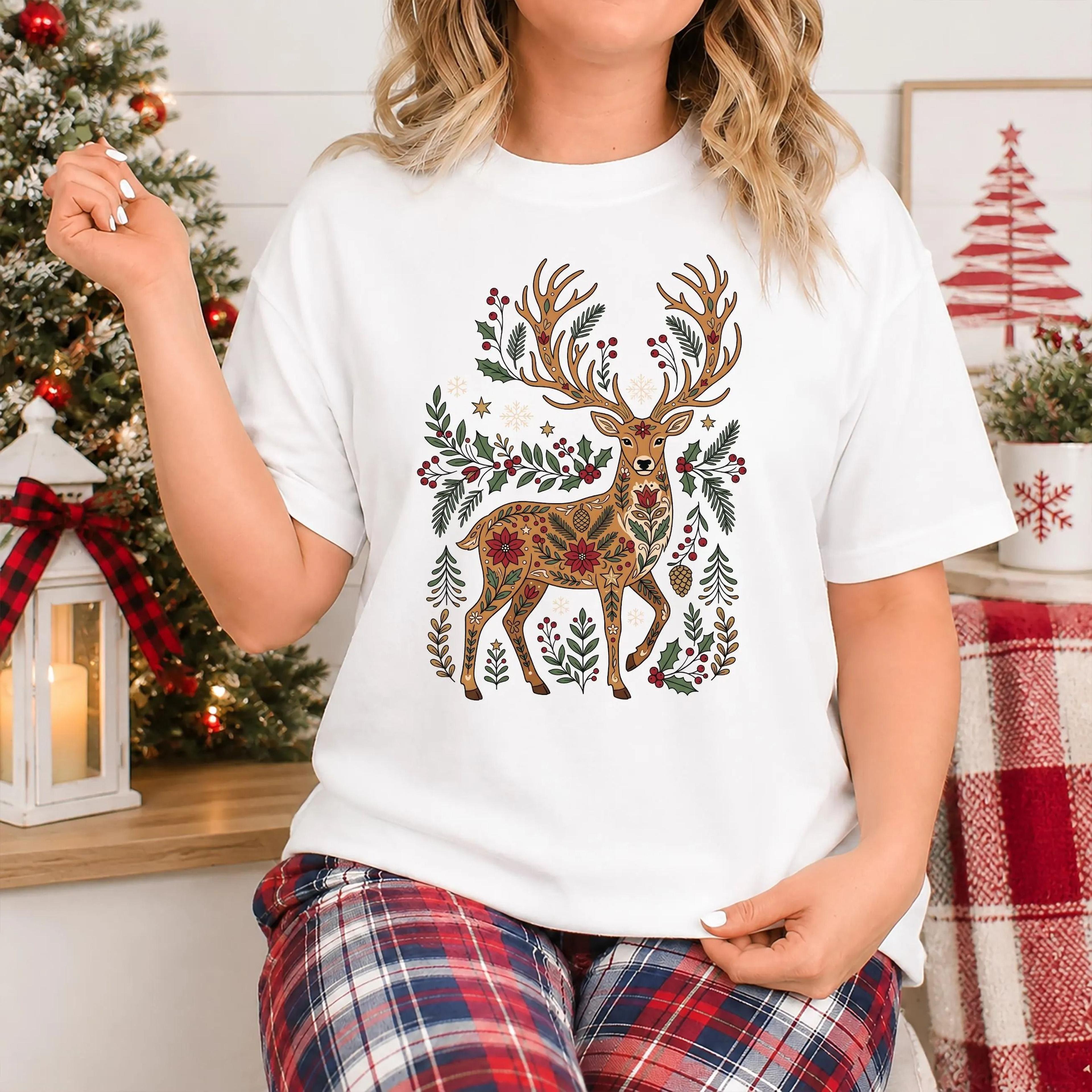 reindeer christmas t shirt, boho deer graphic tee, woodland animal shirt, cute winter holiday t shirt, forest lover gift
