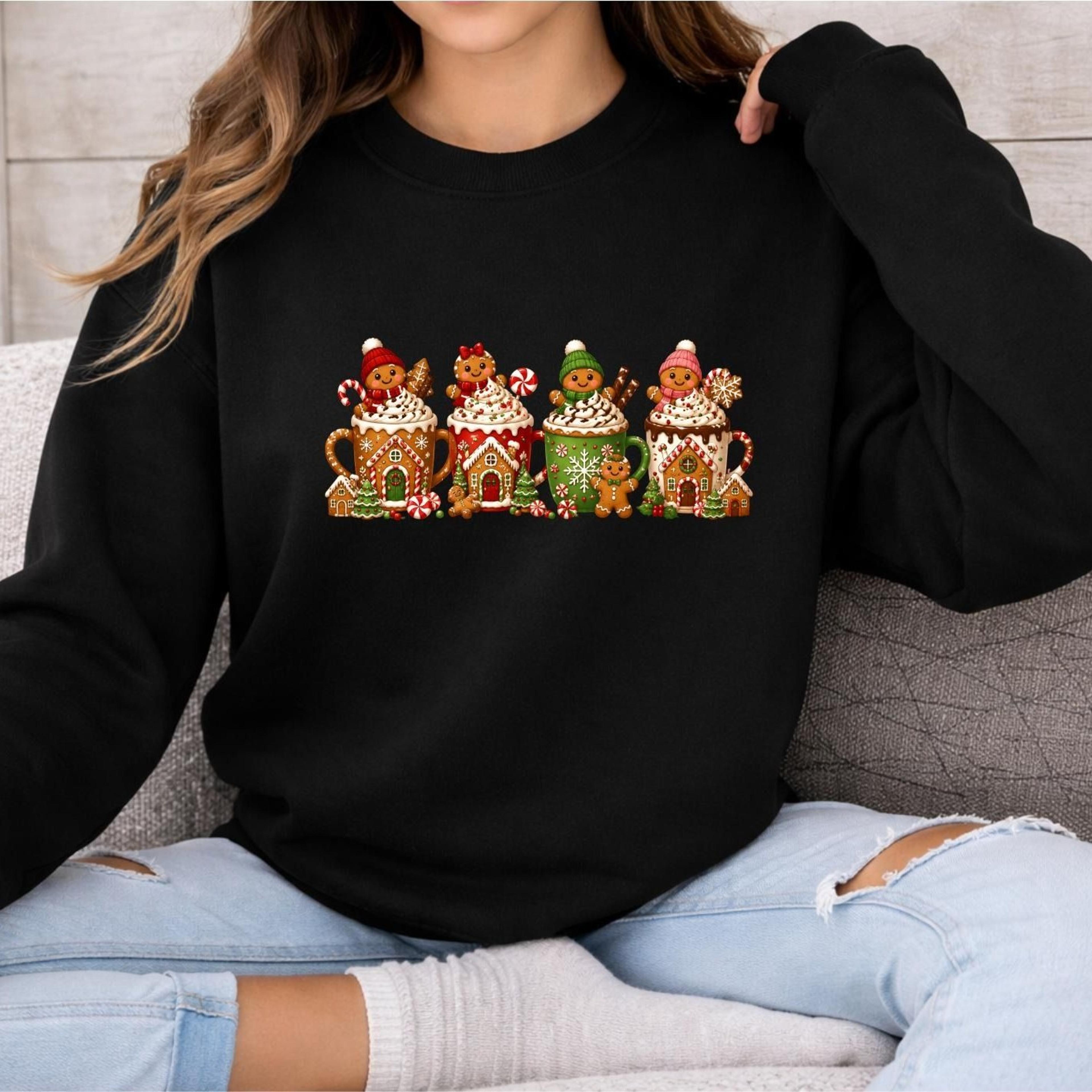 gingerbread christmas sweatshirt, christmas coffee sweatshirt, hot cocoa crewneck, candy cane holiday sweater, cozy wint