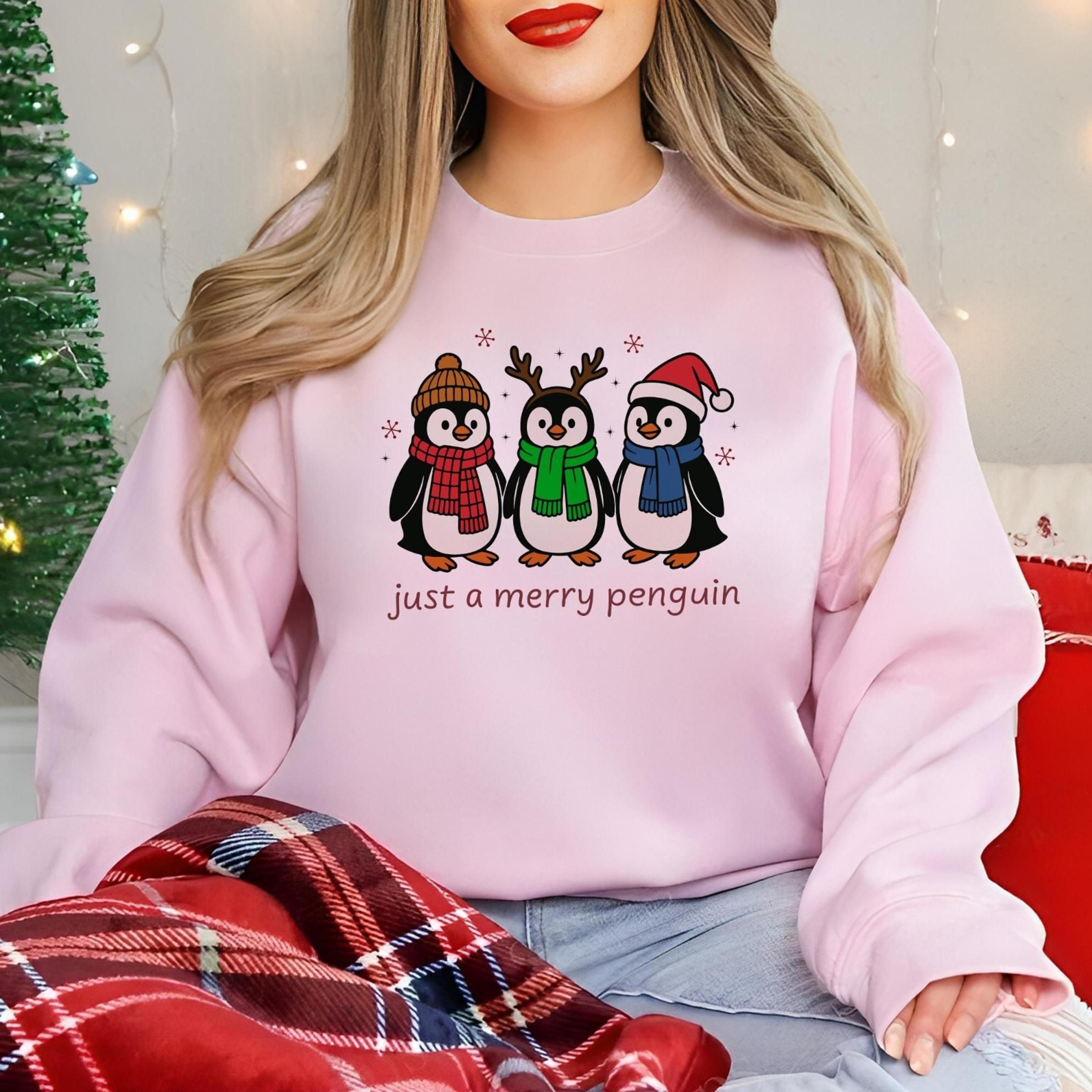 retro merry penguin christmas sweatshirt, funny holiday animal jumper, cute winter xmas crewneck printed jumper