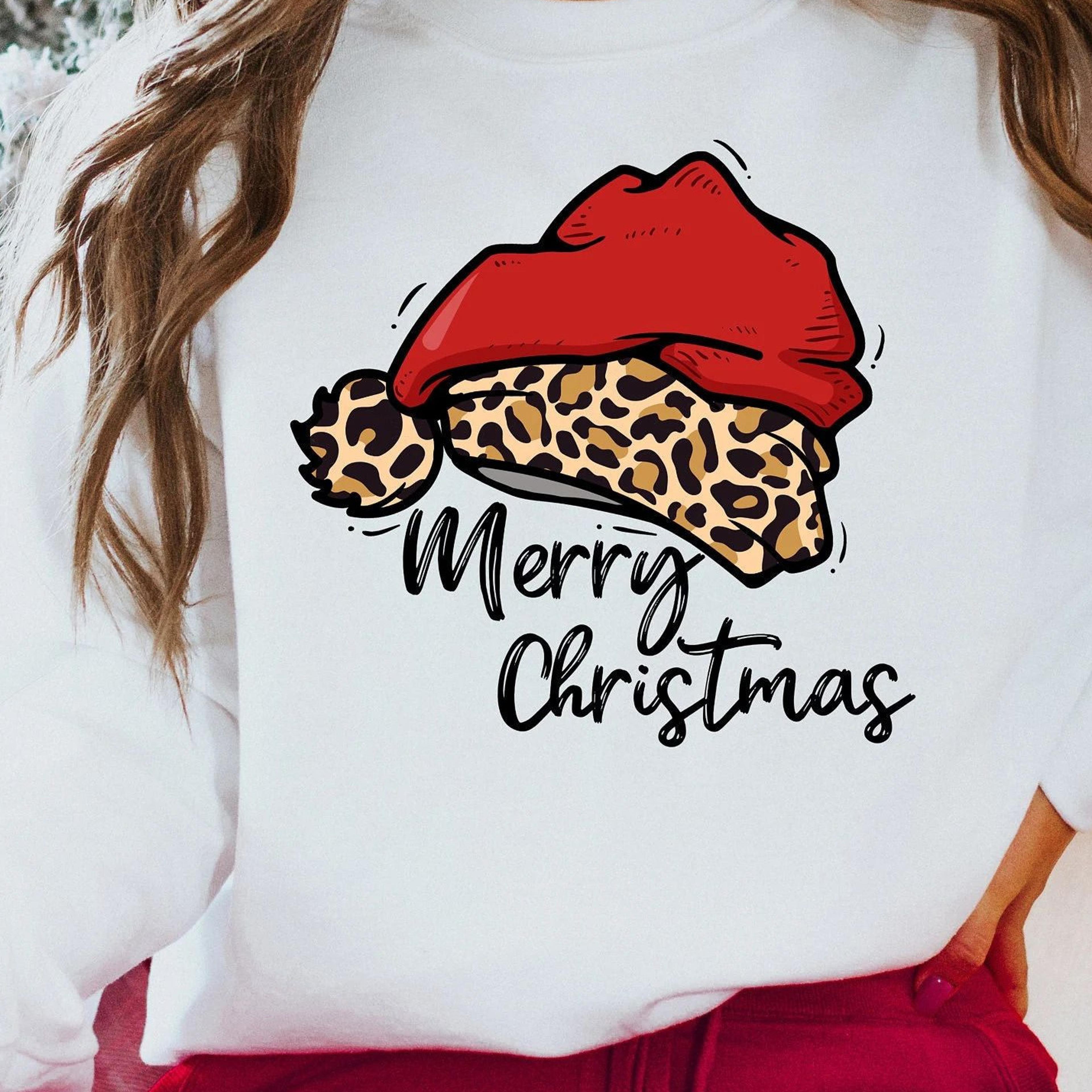 leopard santa hat merry christmas t-shirt cheetah print holiday sweatshirt