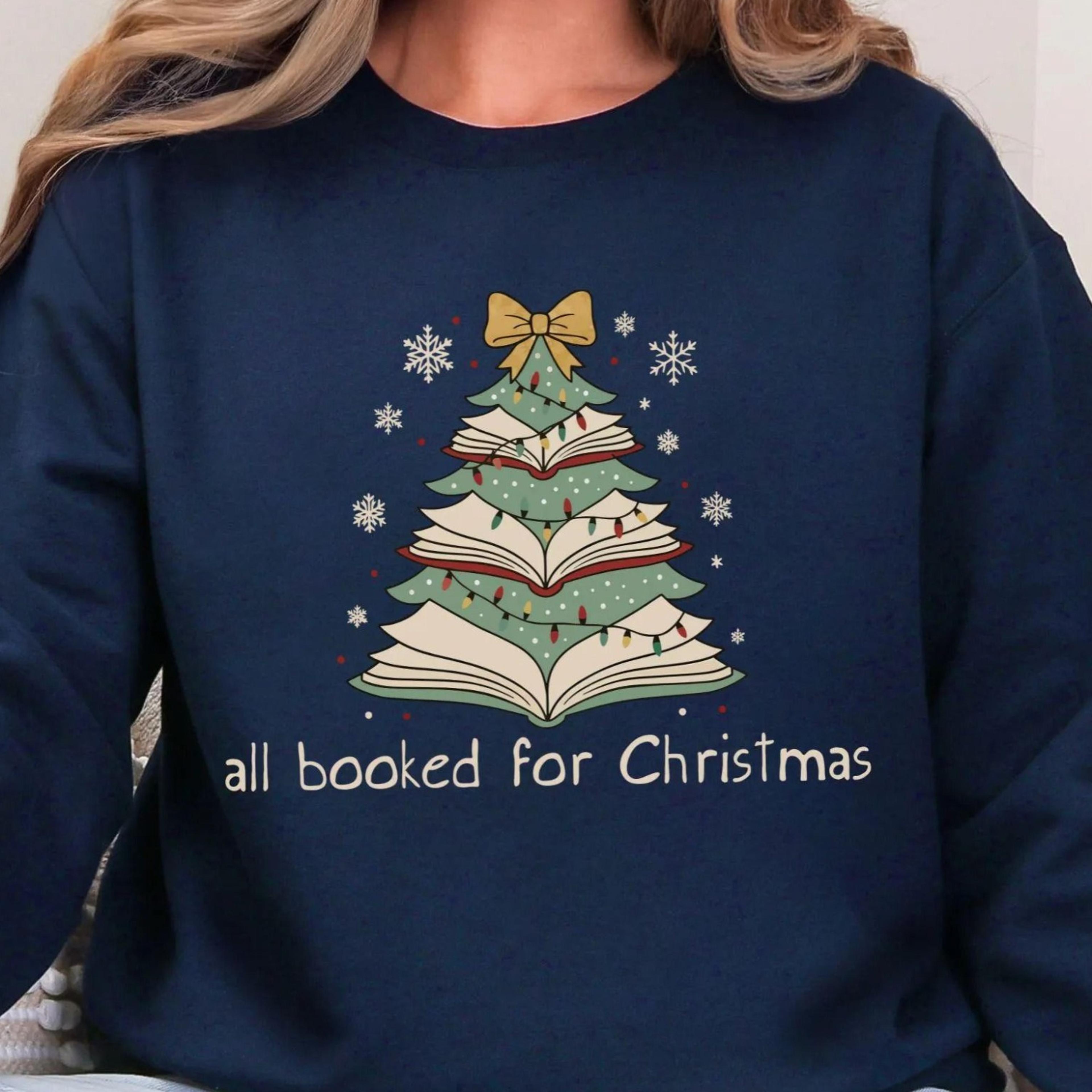 christmas book tree sweatshirt, all booked for christmas shirt gift for librarian, book lover xmas