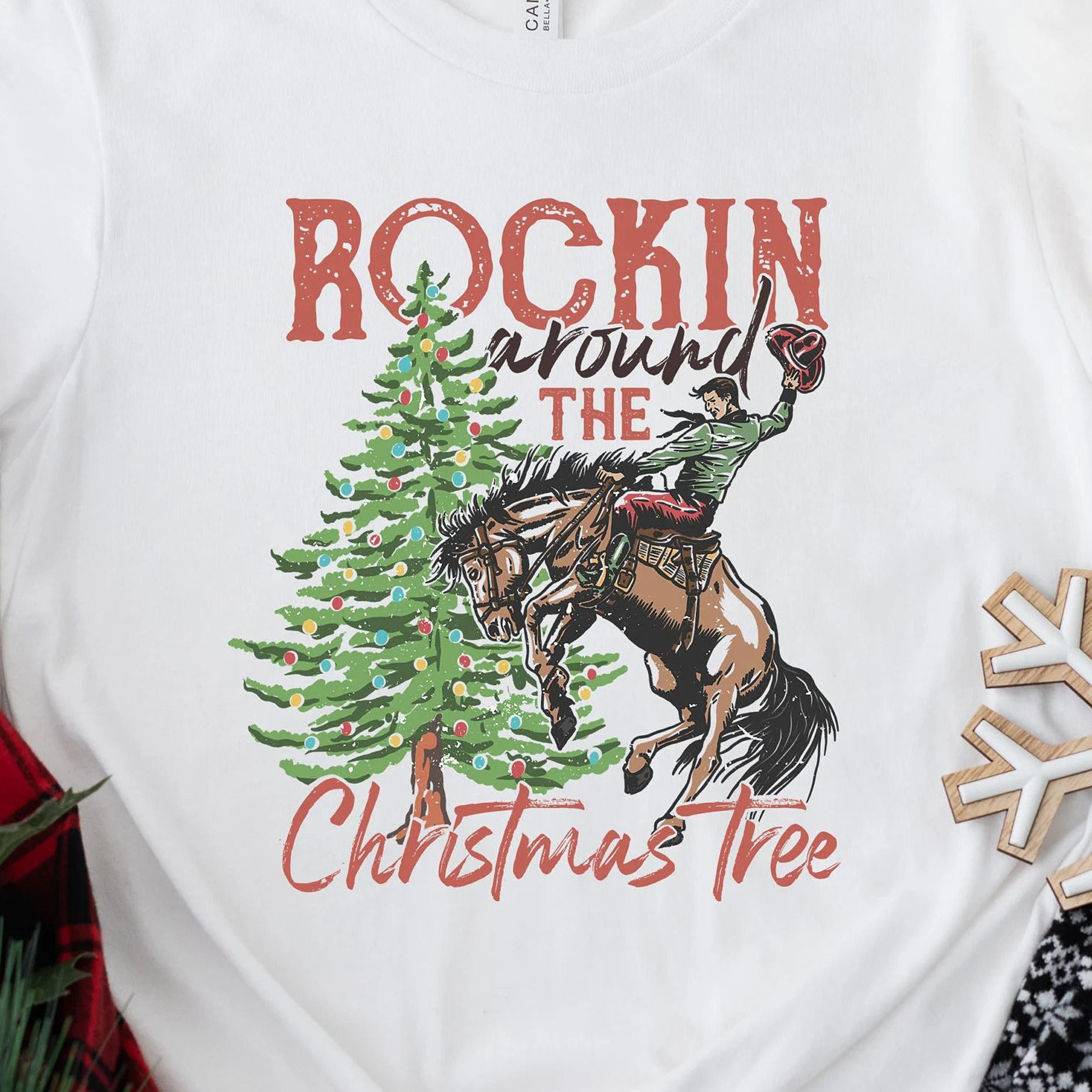 rocking around the christmas tree t-shirt retro western cowboy holiday sweatshirt
