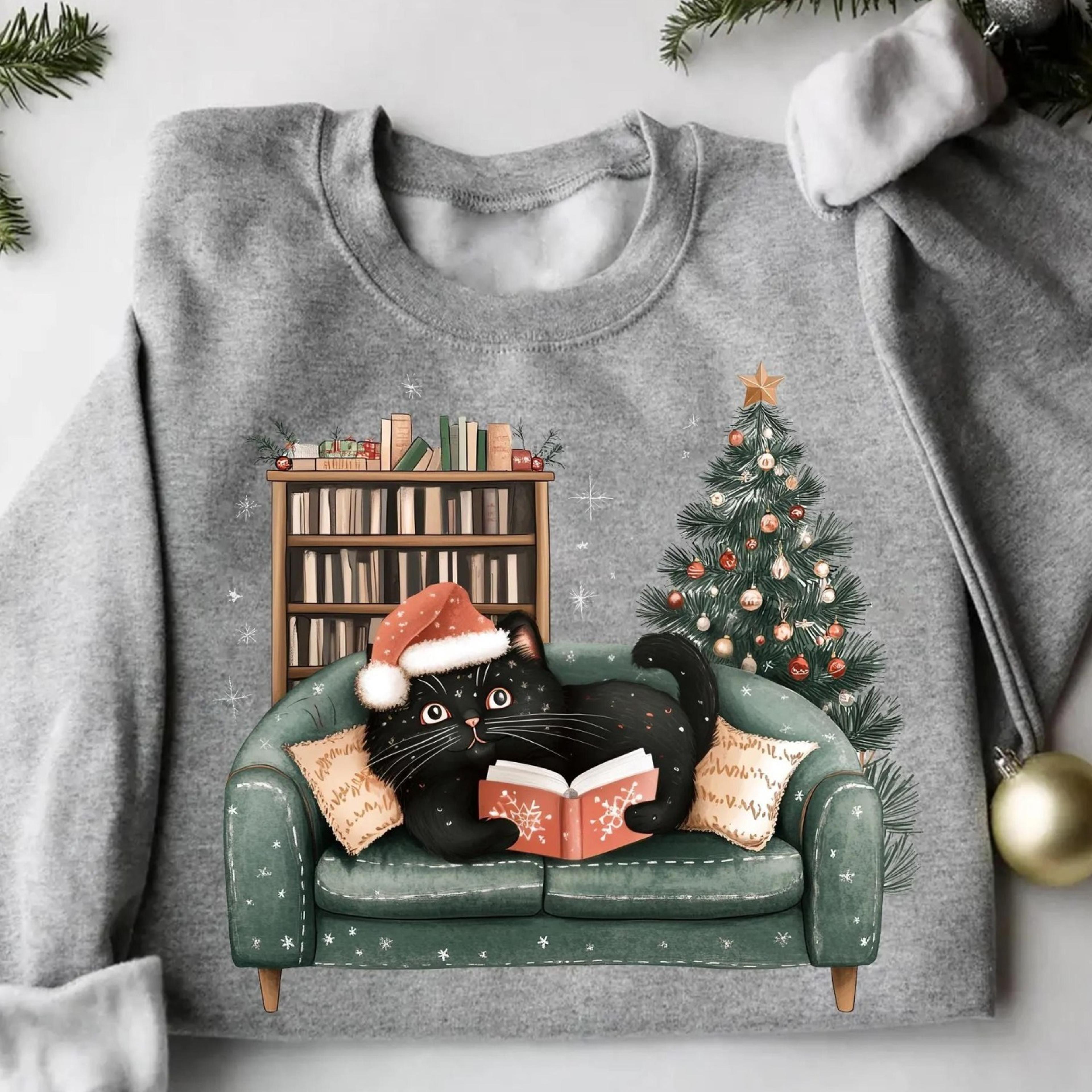 cat reading christmas shirt bookworm black cat cotton tee