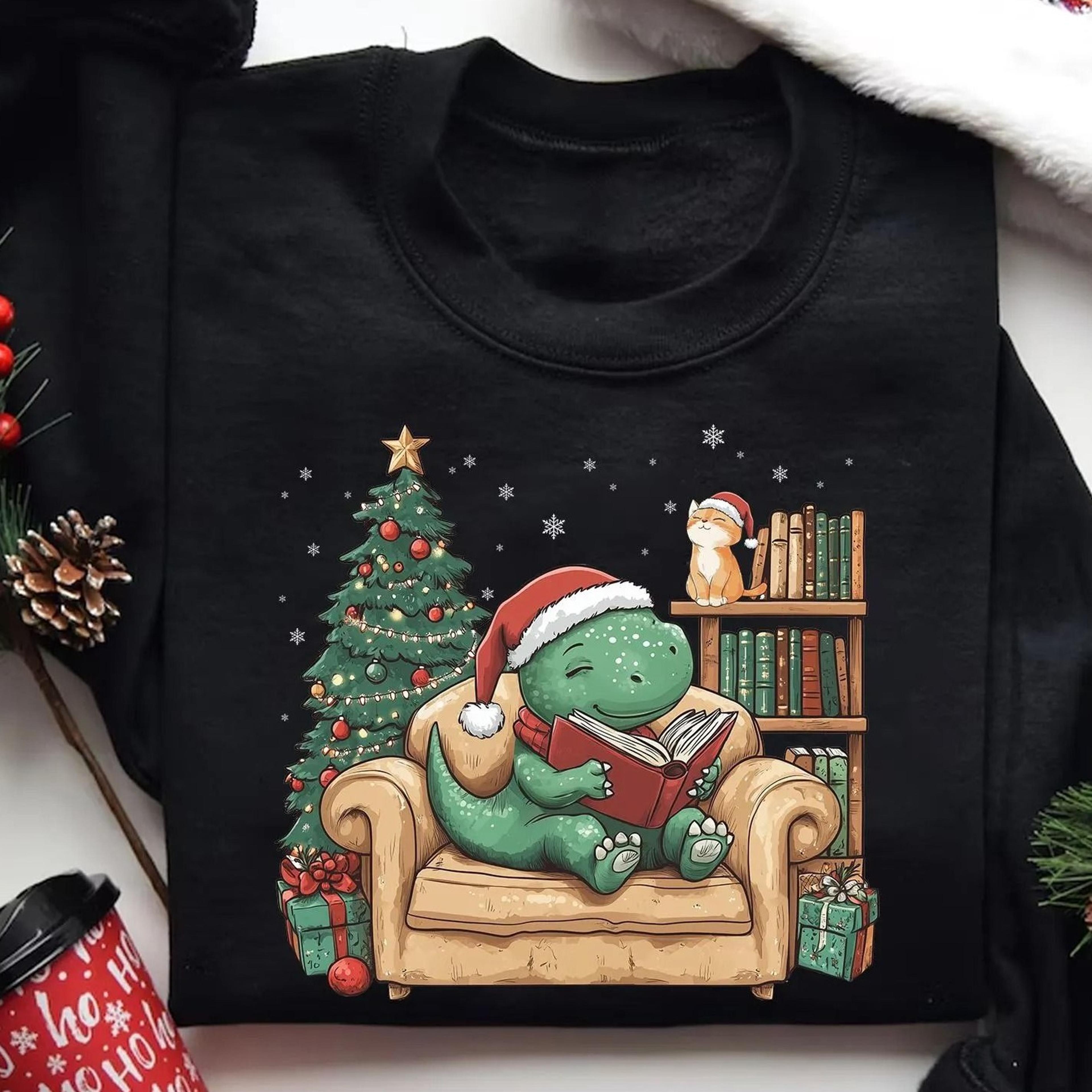 dinosaur reading christmas shirt, bookish teacher gift