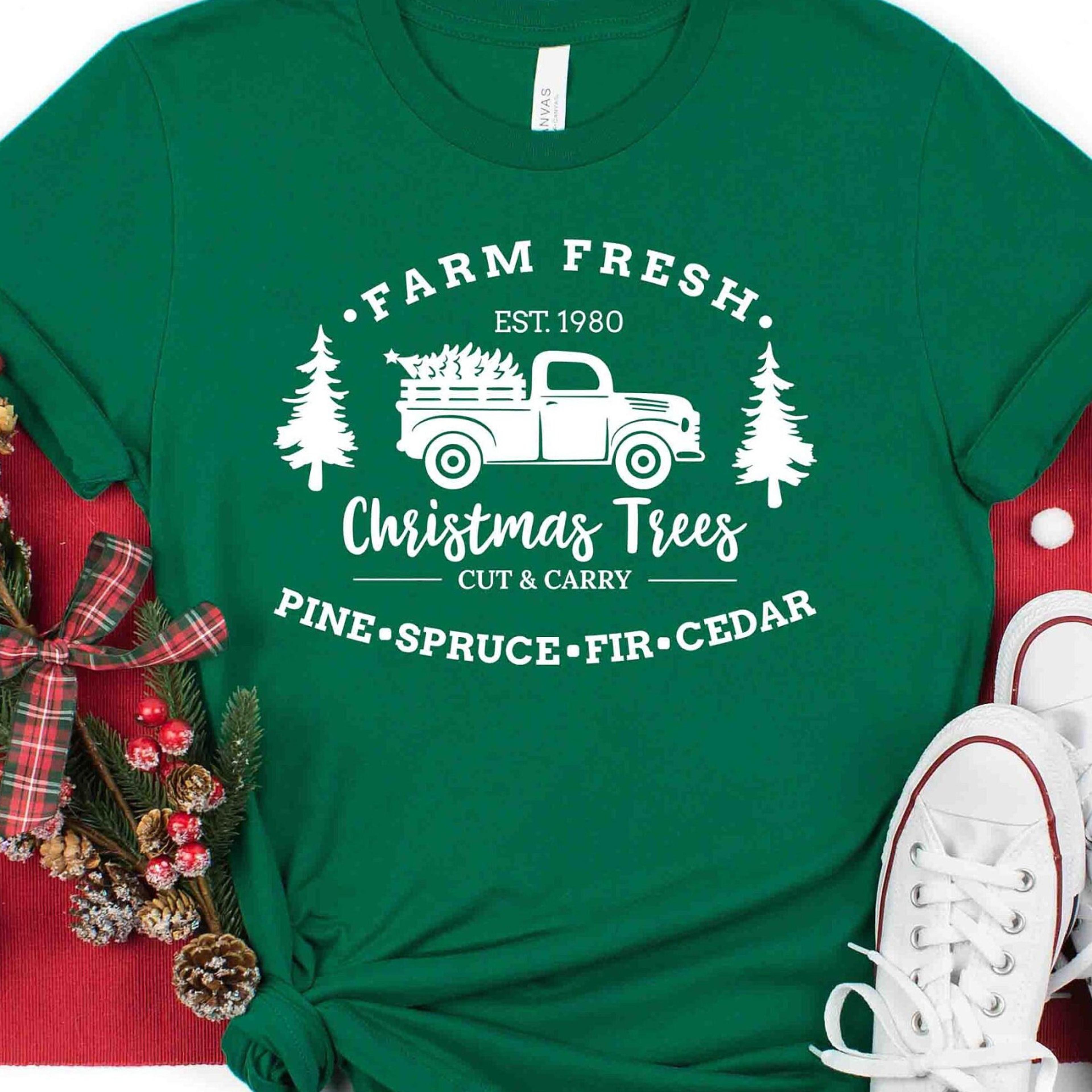 farm fresh christmas trees truck shirt, christmas t-shirt, christmas family, red truck shirt,