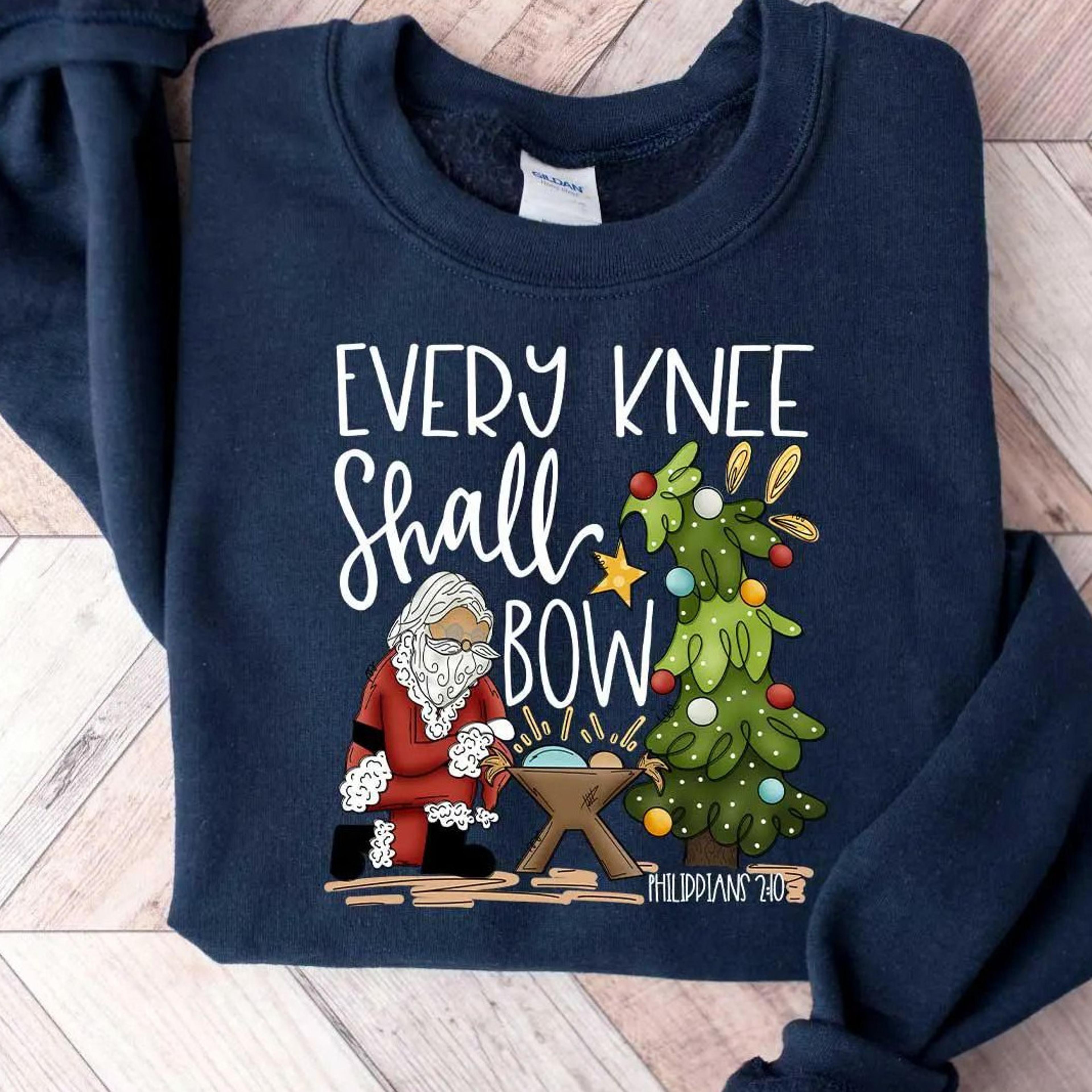 every knee shall bow t-shirt jesus christian nativity christmas faith sweatshirt