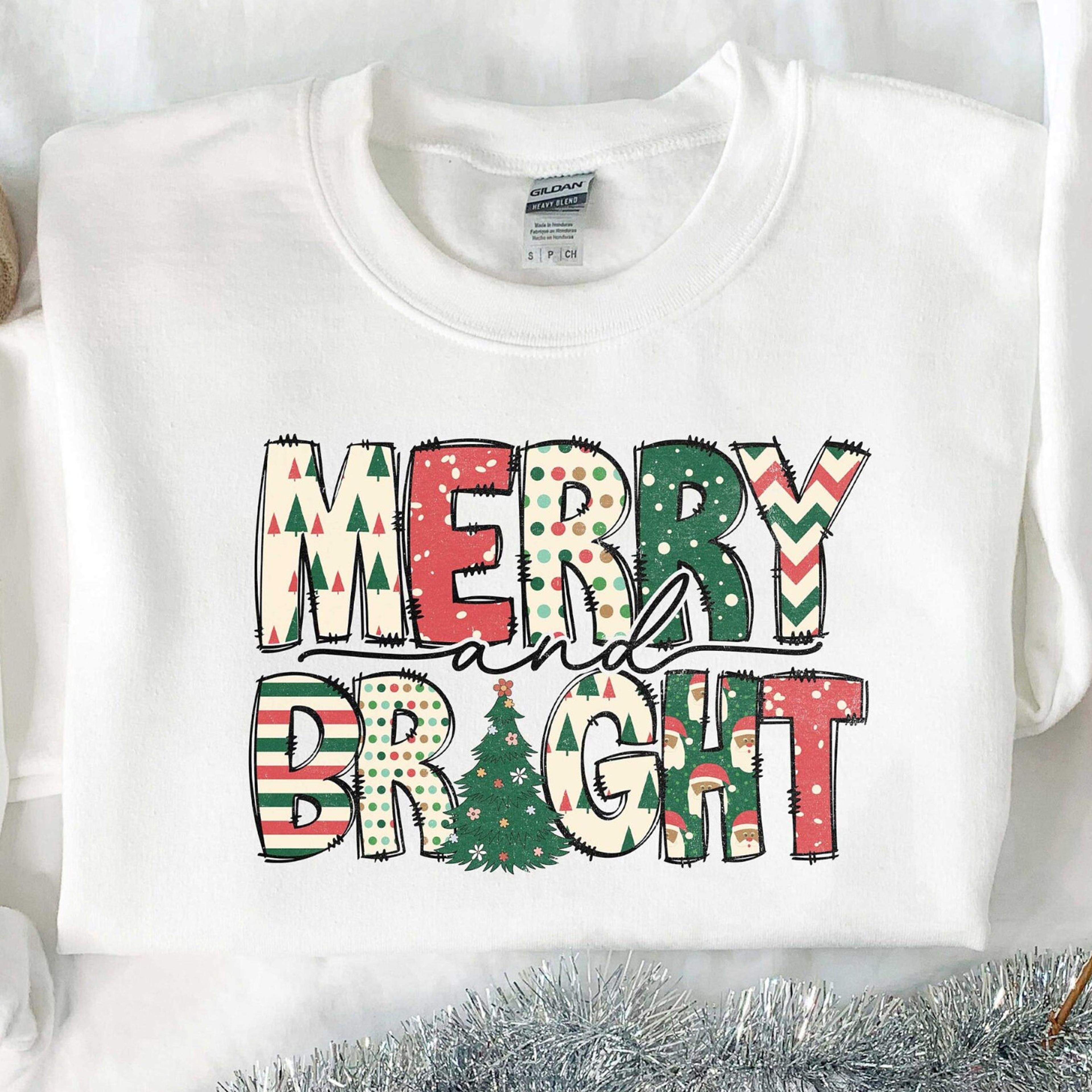 merry bright believe christmas t-shirt womens family festive holiday sweatshirt