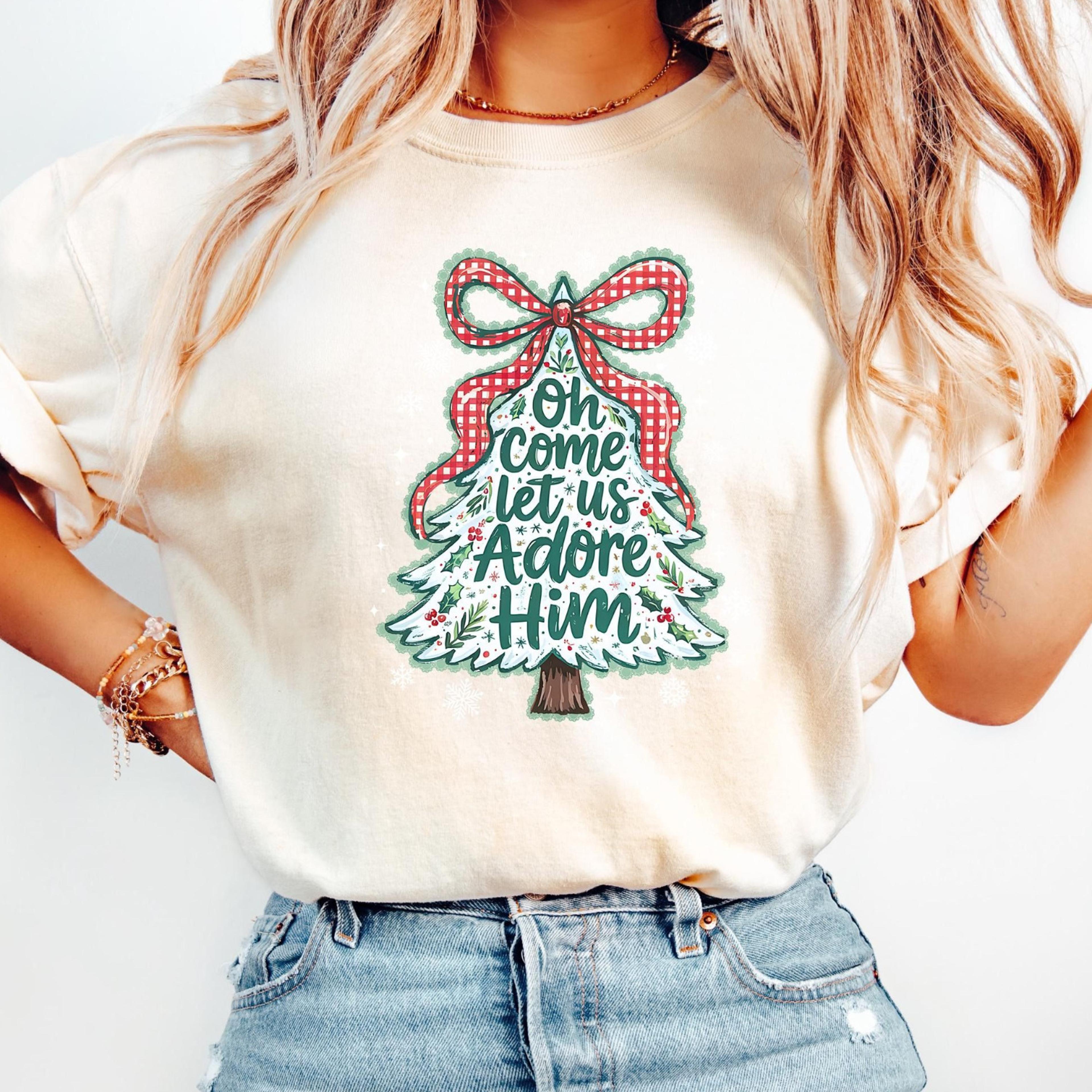 oh come let us adore him t-shirt christian christmas retro faith holiday sweatshirt