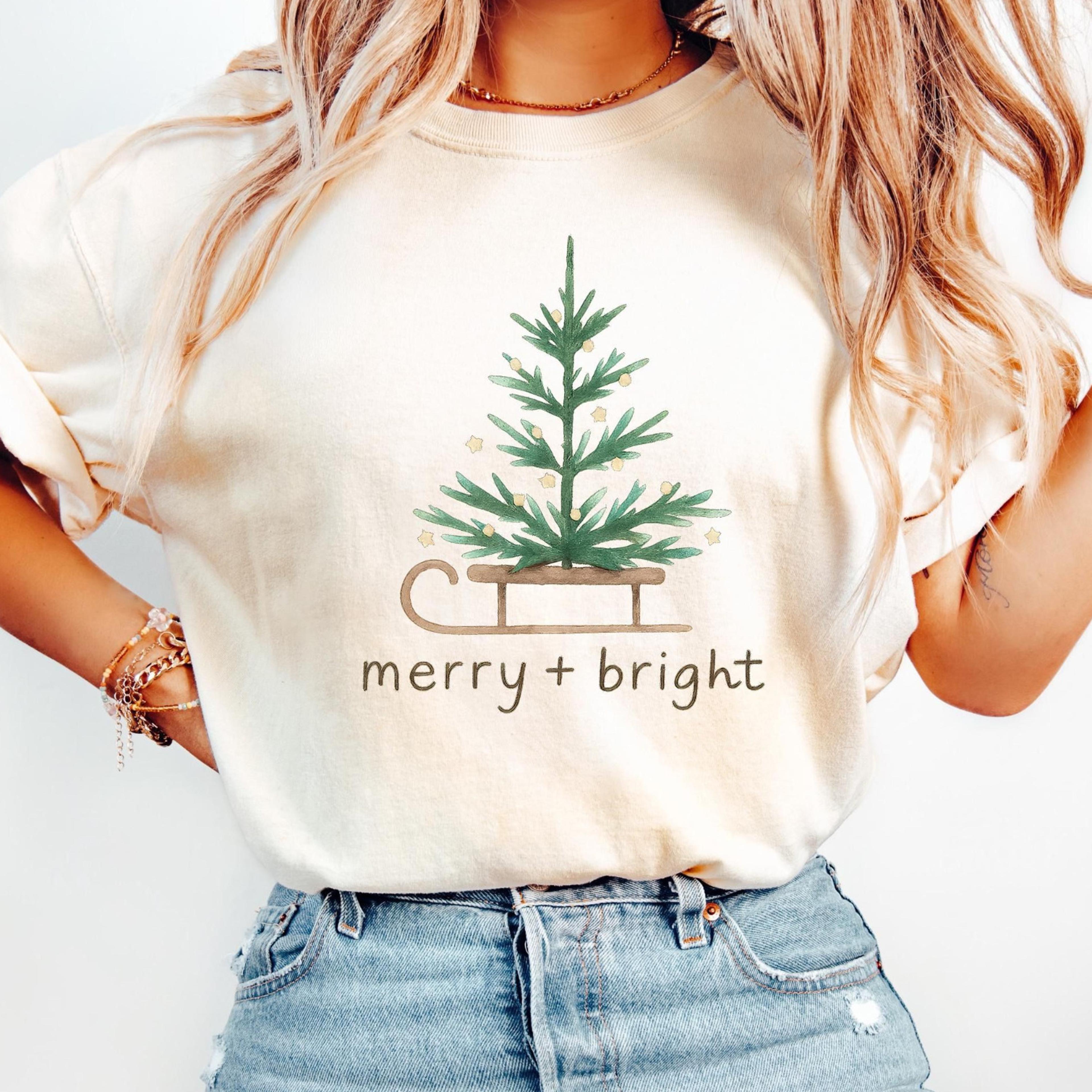merry and bright t-shirt cute christmas tree sled womens holiday sweatshirt