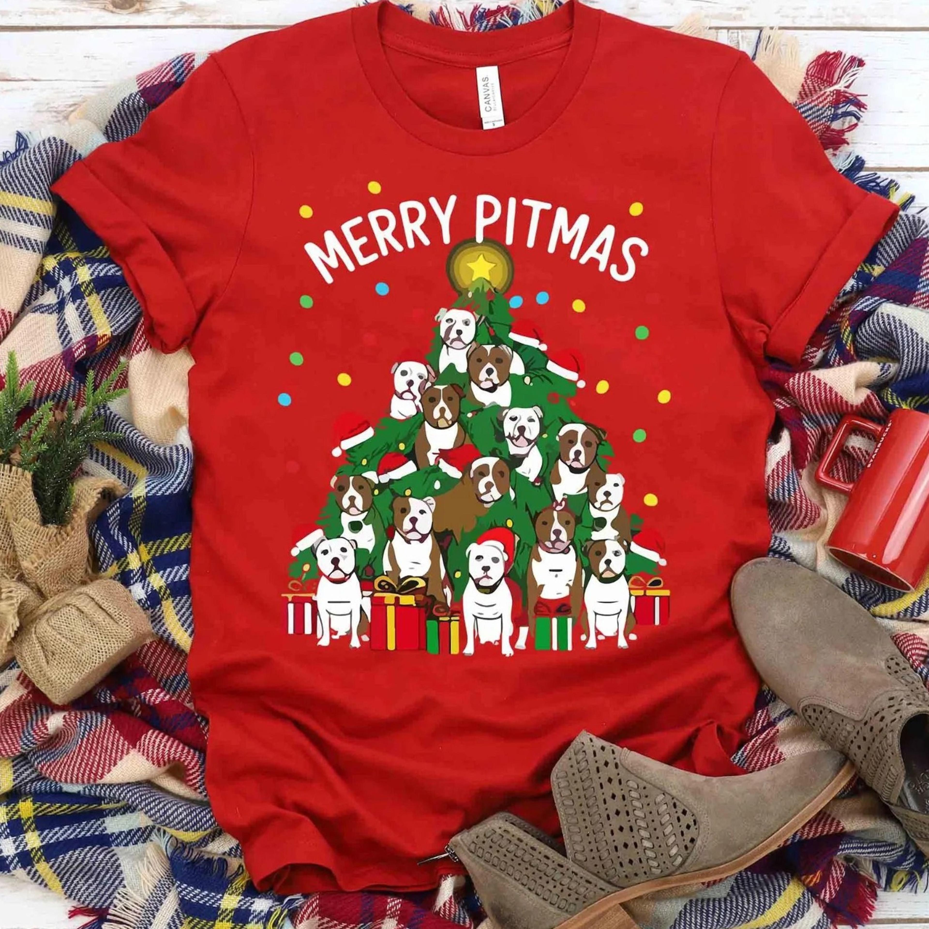 merry pitmas christmas tree shirt, pitbull mom holiday tee